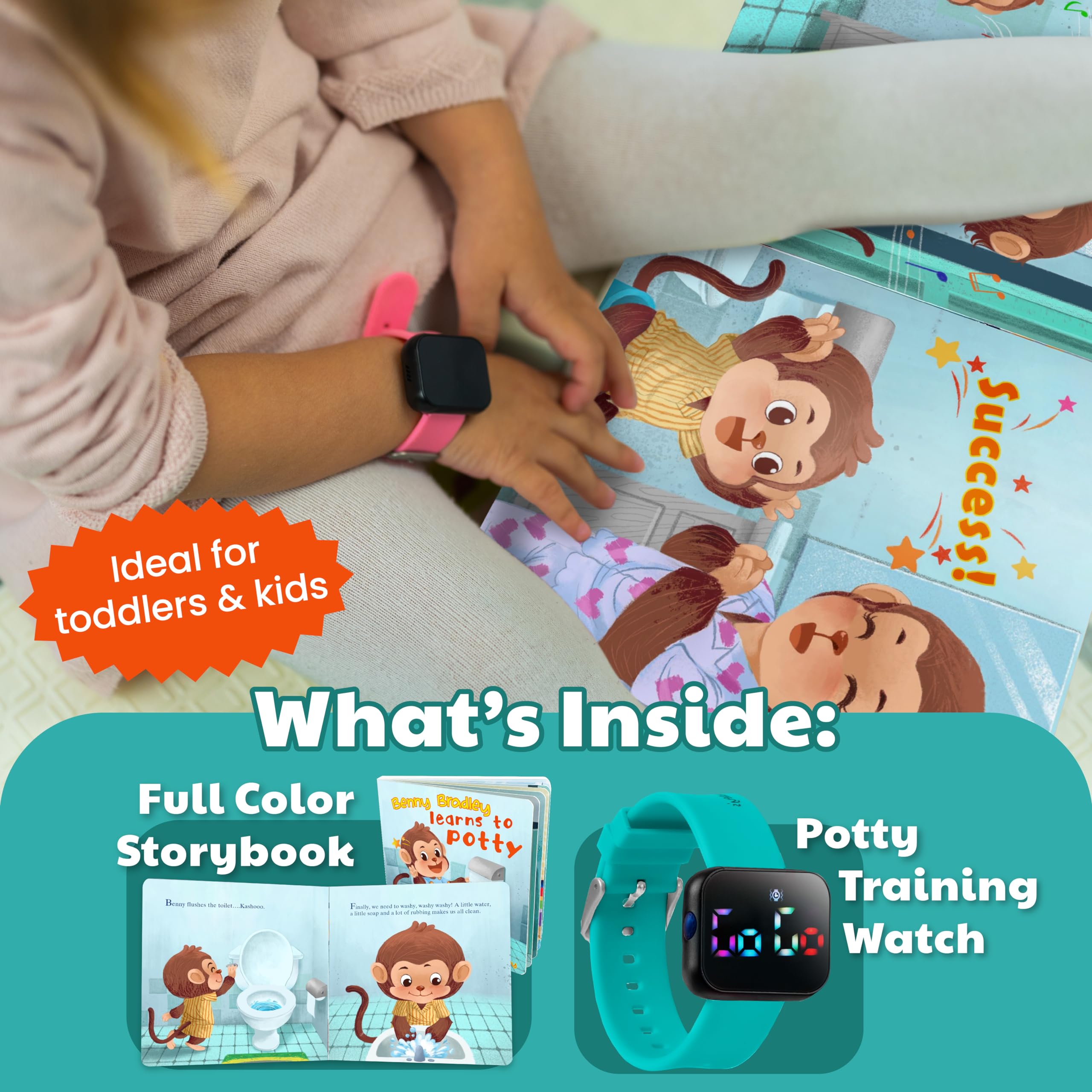 Potty Training Watch & Board Book for Kids – A Water Resistant Potty Reminder Device for Boys & Girls - Train Your Toddler with Fun Musical or Vibration Reminders and Printed Board Book (Turquoise)