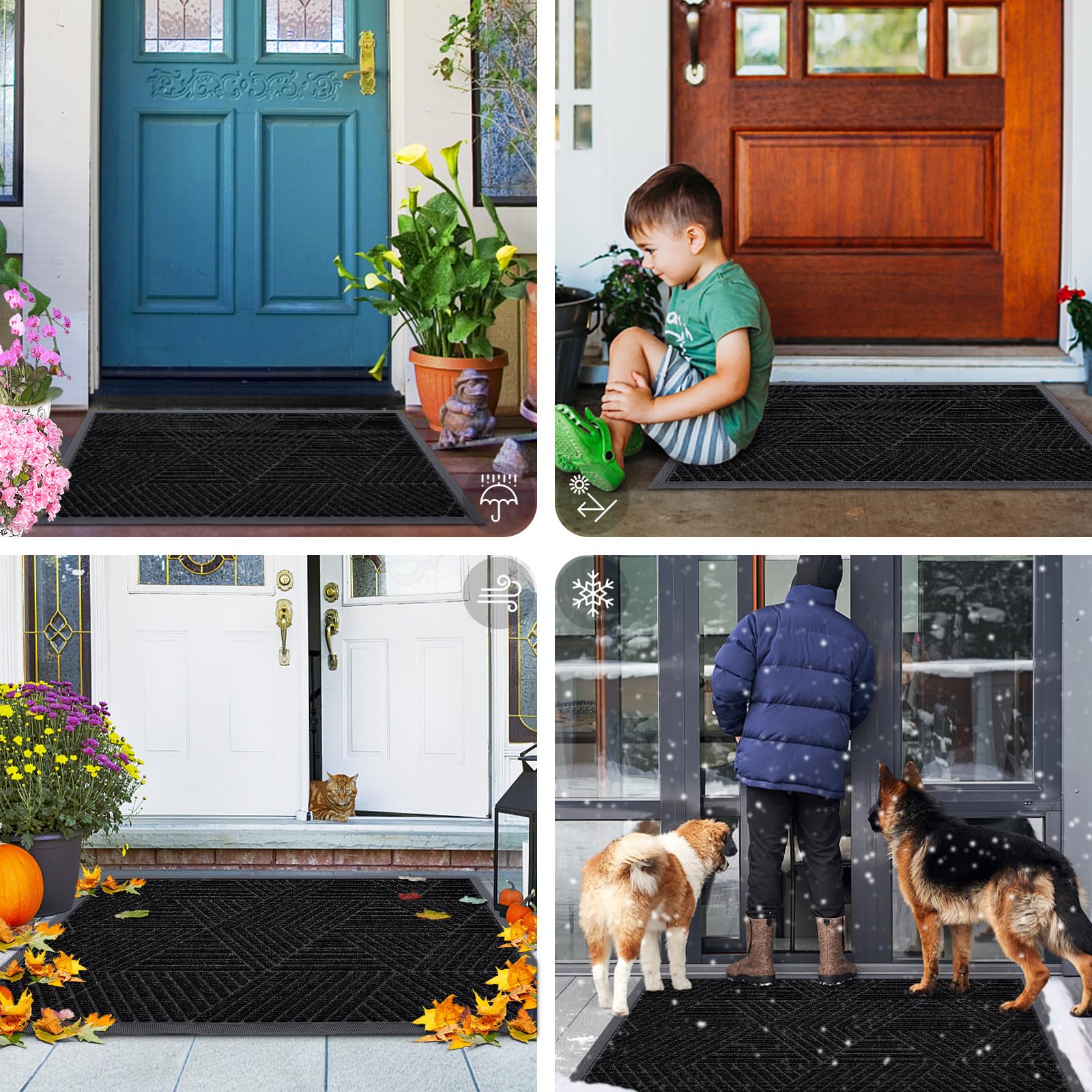 Smiry Front Door Mat Outside Entrance, Heavy Duty Sturdy Natural Rubber Doormat, Trap Dirt and Moisture, Easy Clean Low Profile Welcome Floor Mats for Indoor Outdoor Entry, 29.5x17 Inch, Black