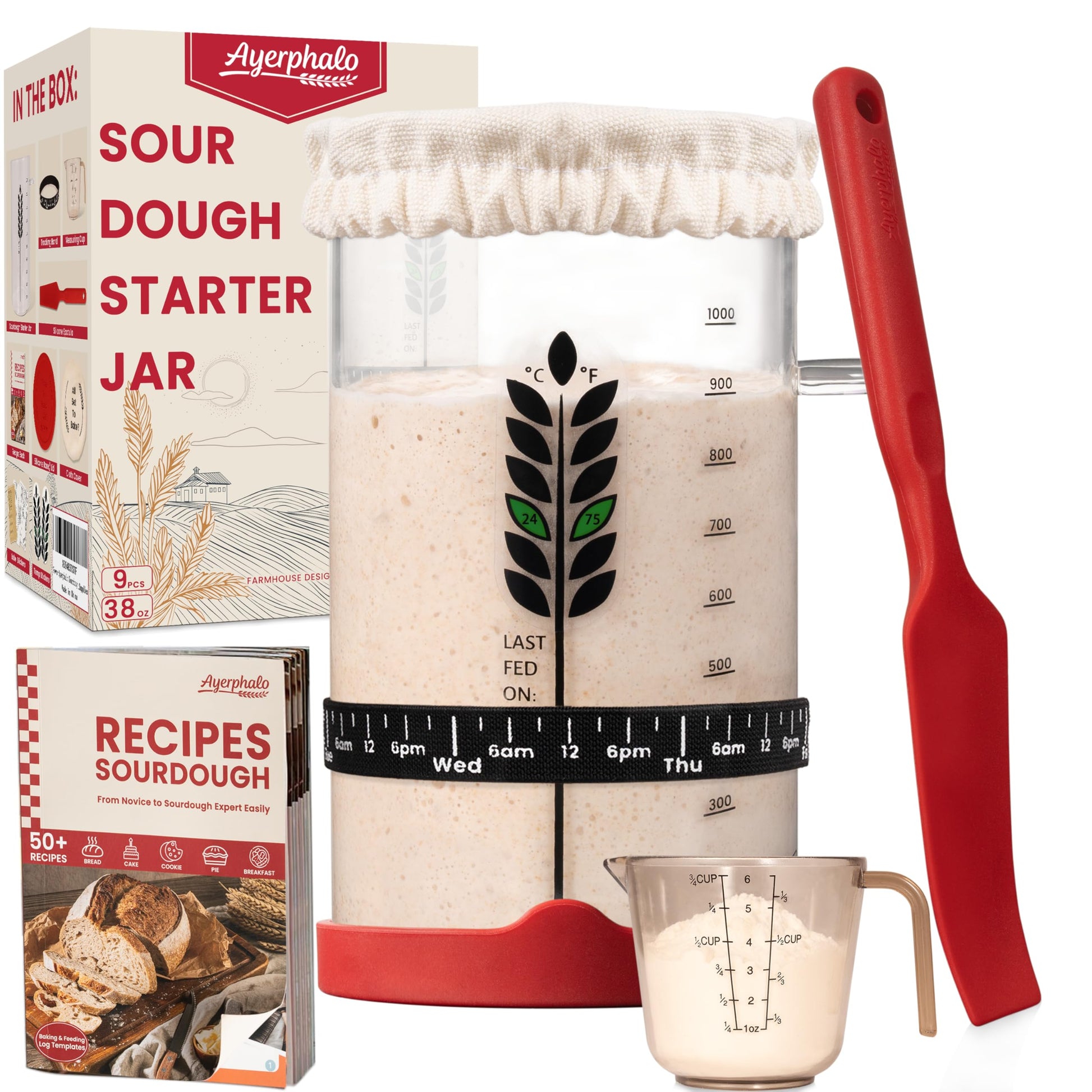 Sourdough Starter Kit - 38oz with Cookbook, Measuring Cup, Spatula, Wide Mouth Jar Cover, Thermometer, Date Marked Feeding Band, Glass Jar for Baker, Bread Baking Supplies