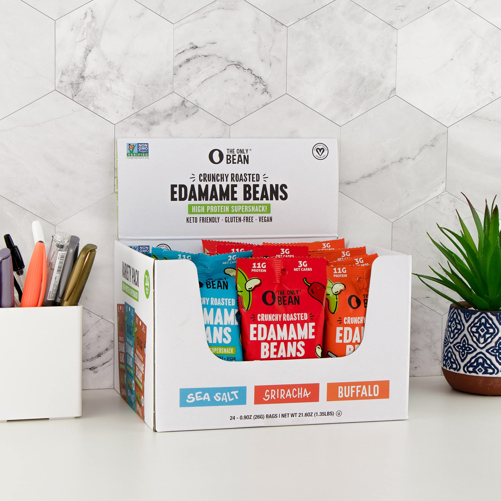 The Only Bean Crunchy Roasted Edamame - Healthy Snacks for Adults and Kids (Variety Pack), Low Carb Keto Snack Food, Vegan Gluten Free High Protein Snacks (11g), Office Snack, 0.9oz 24 pack