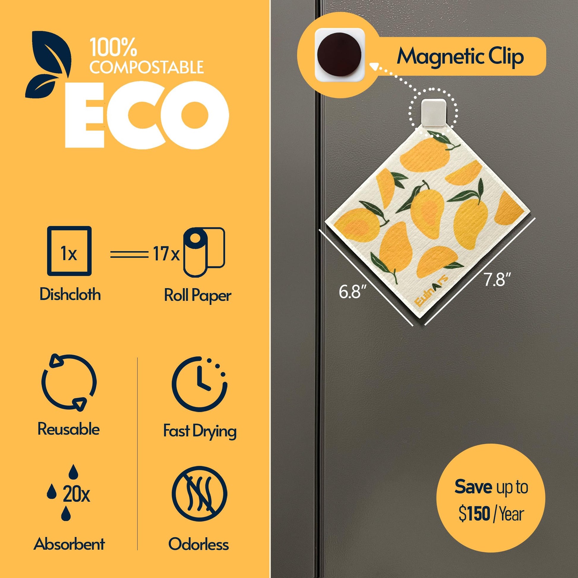 Eulnars Swedish Dishcloths for Kitchen, 8 Pack Reusable Paper Towels with Clips, Non-Scratch Swedish Kitchen Towels, Super Absorbent Cellulose Sponge Cloths, Dishwasher Safe, No Odor