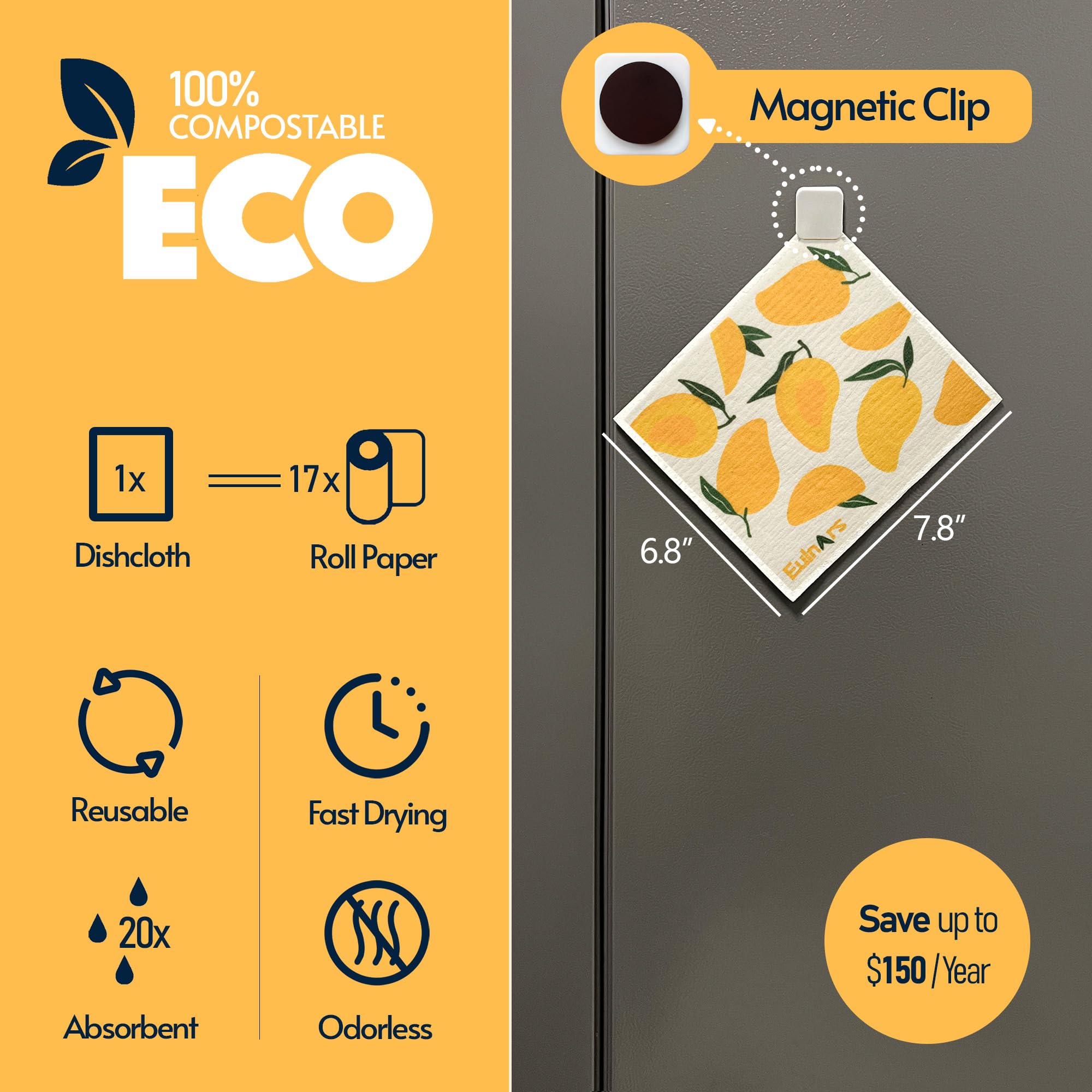 Eulnars Swedish Dishcloths for Kitchen, 8 Pack Reusable Paper Towels with Clips, Non-Scratch Swedish Kitchen Towels, Super Absorbent Cellulose Sponge Cloths, Dishwasher Safe, No Odor