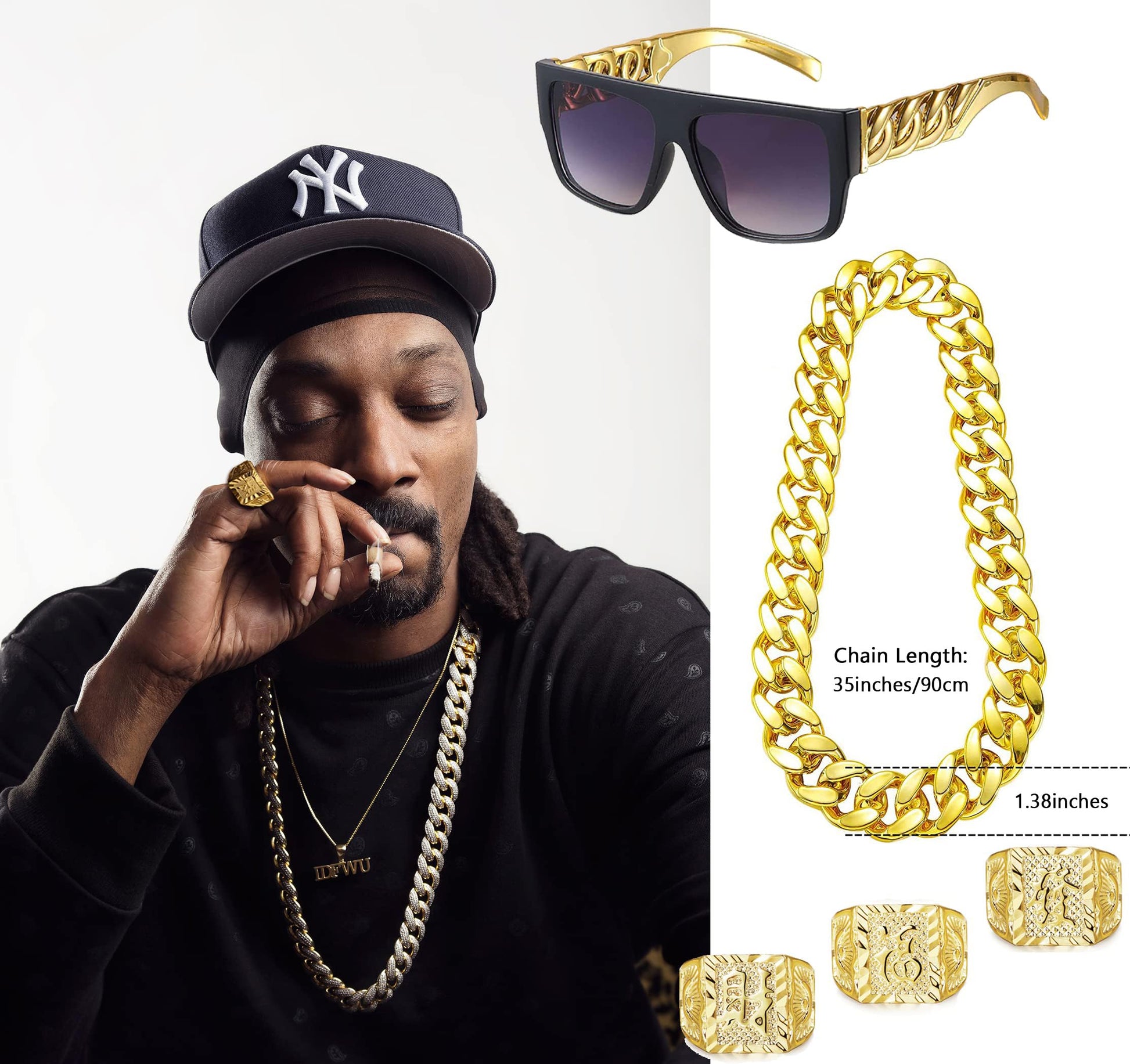 EIELO 80s 90s Accessories Outfit for Men Hip Hop Costume Kit Old School Rapper Sunglasses Faux Gold Rope Chain Bracelet Dollar Sign Chain Ring Kanji Ring Halloween Party Decorations