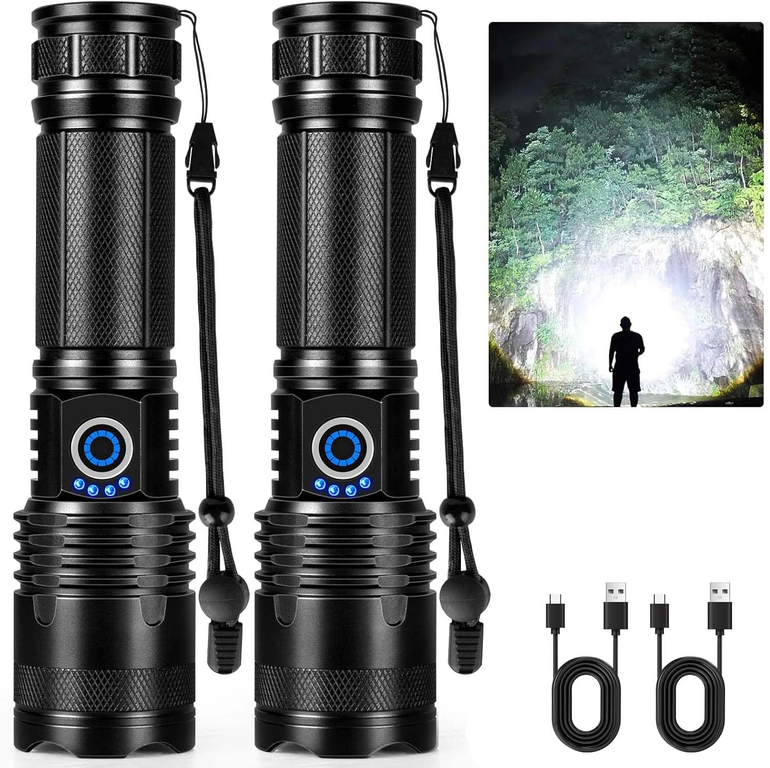 Rechargeable LED Flashlights High Lumens, 90,000 Lumens Super Bright Flashlights with 5 Modes, Waterproof Powerful Flash Light Multifunctional Flashlights for Home Camping Hiking(2 Pack)