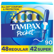 Tampax Pocket Pearl Compact Tampons Duo Pack, Regular/Super Absorbency with BPA-Free Plastic Applicator and LeakGuard Braid, Unscented, 90 Count Total (3 Packs of 30)