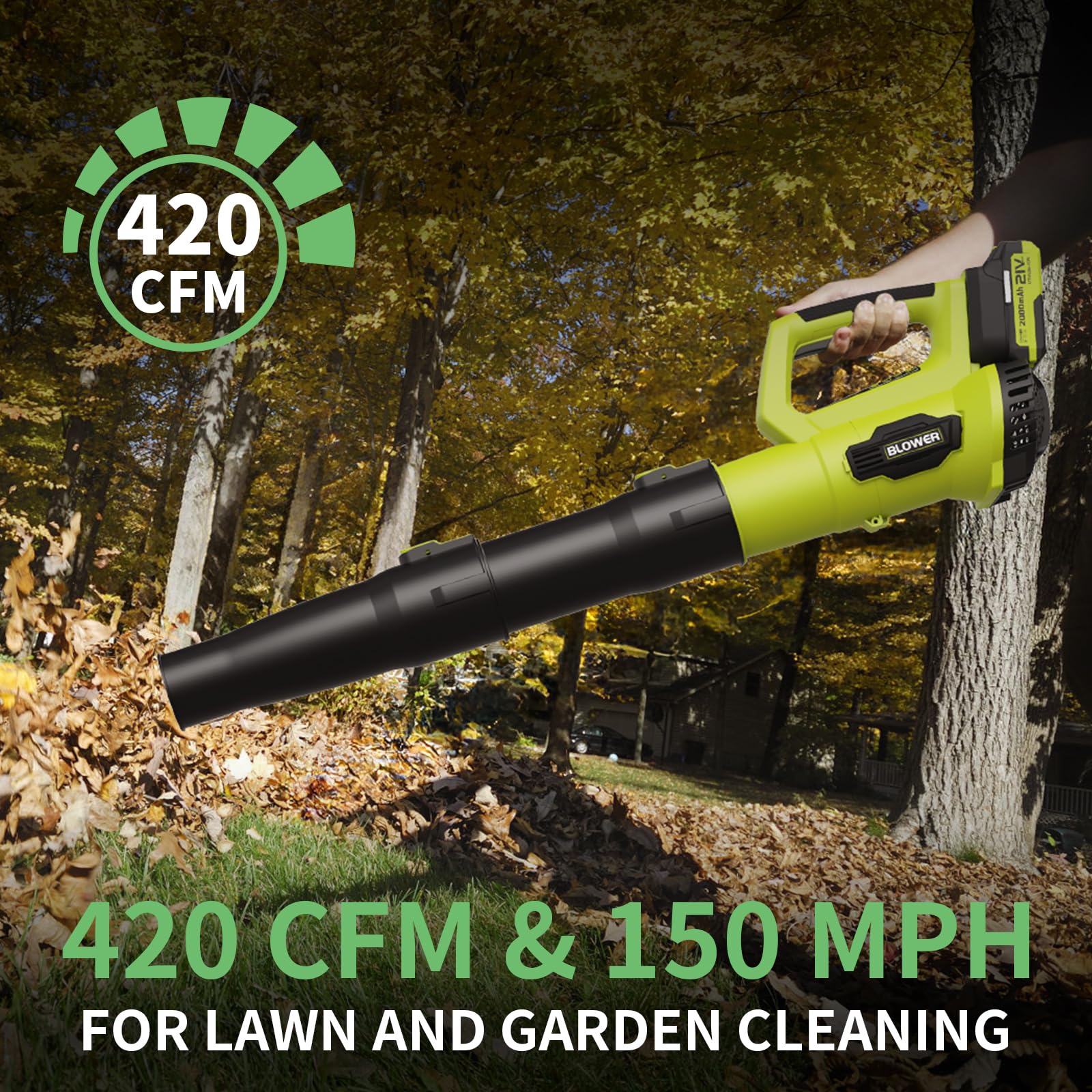 Leaf Blower, 21V Cordless Electric Blower with 2 2.0Ah Batteries and 1 Hour Fast Charger, Lightweight Leaf Blower for Patio Cleaning, Lawn Care, Blowing Fallen Leaves and Dust, etc.