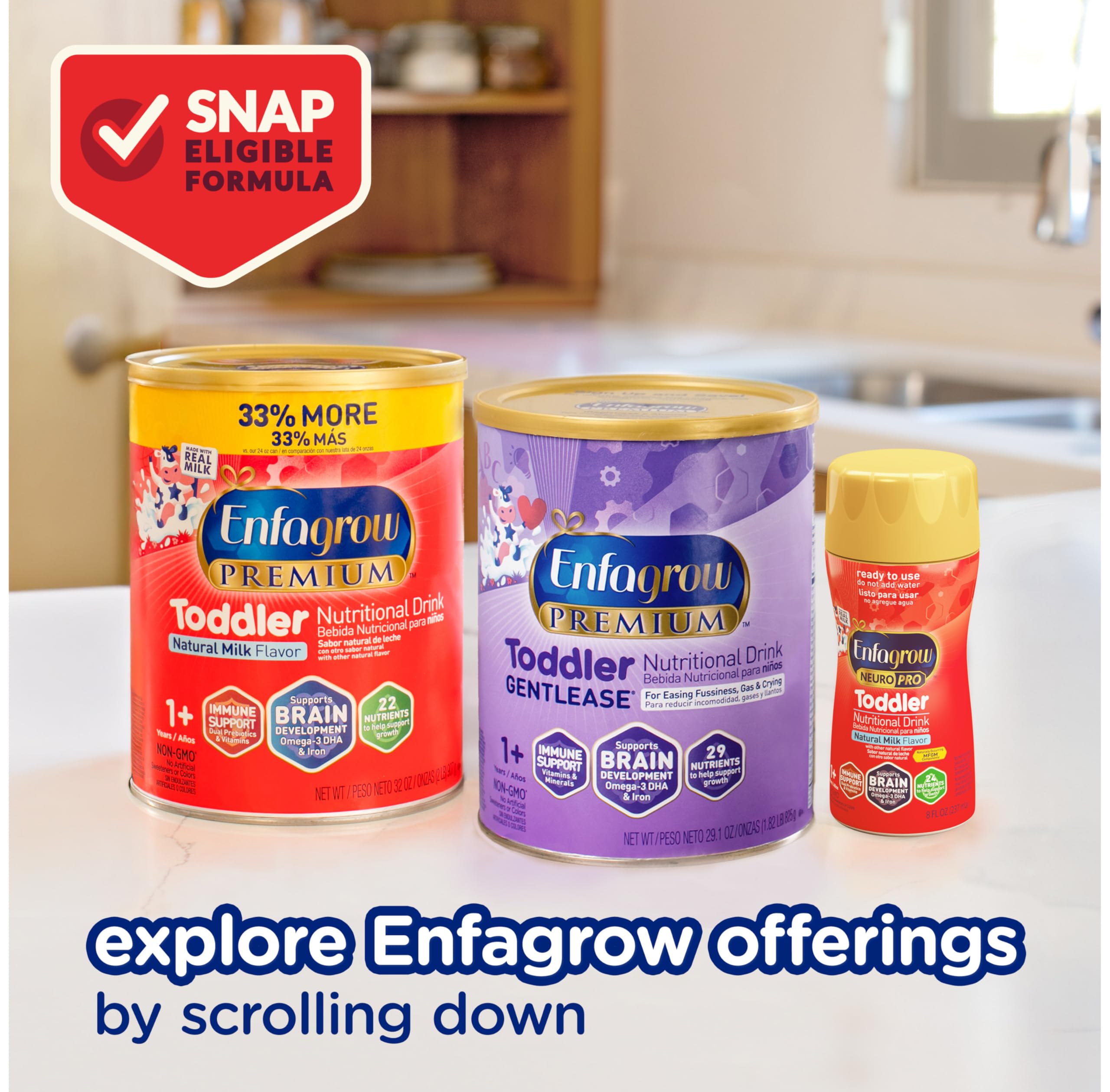 Enfagrow Premium Toddler Nutritional Drink, Made with Real Milk, Brain-Building Omega-3 DHA, Nutrients and Prebiotics for Growth & Immune Support, Non-GMO, Toddler Milk Powder, 32 Oz Can