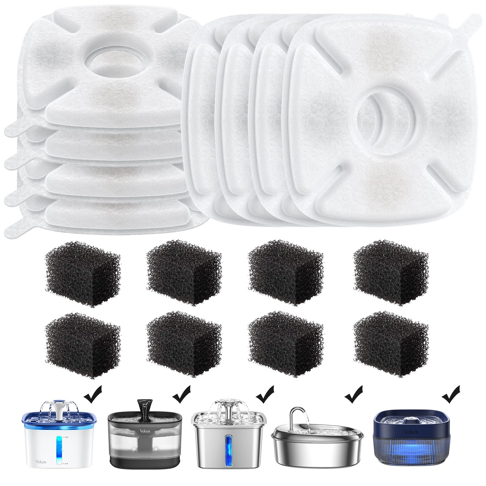 Veken Cat Water Fountain Filter, Classic 4 Pack Replacement Filters & 4 Pack Replacement Pre-Filter Sponges for 67oz, 95oz, 135oz Automatic Pet Fountain Dog Water Dispenser