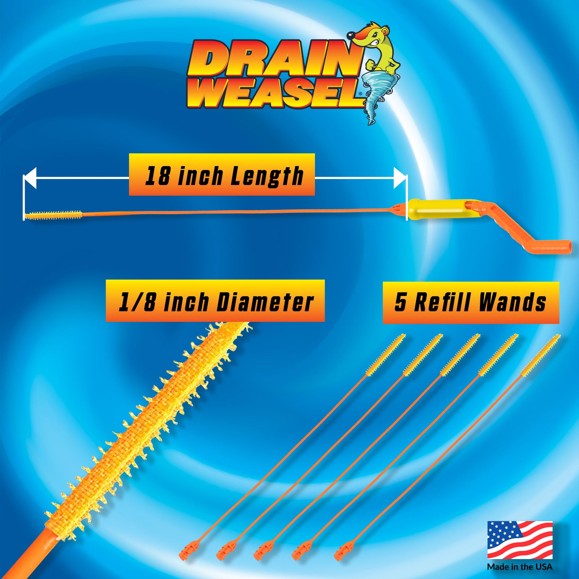 FlexiSnake Drain Weasel Sink Snake Hair Clog Remover Tool, Pipe, Bathroom, Bathtub Cleaner, 18-inch, Made in the USA, 5 Wands and Removable Handle