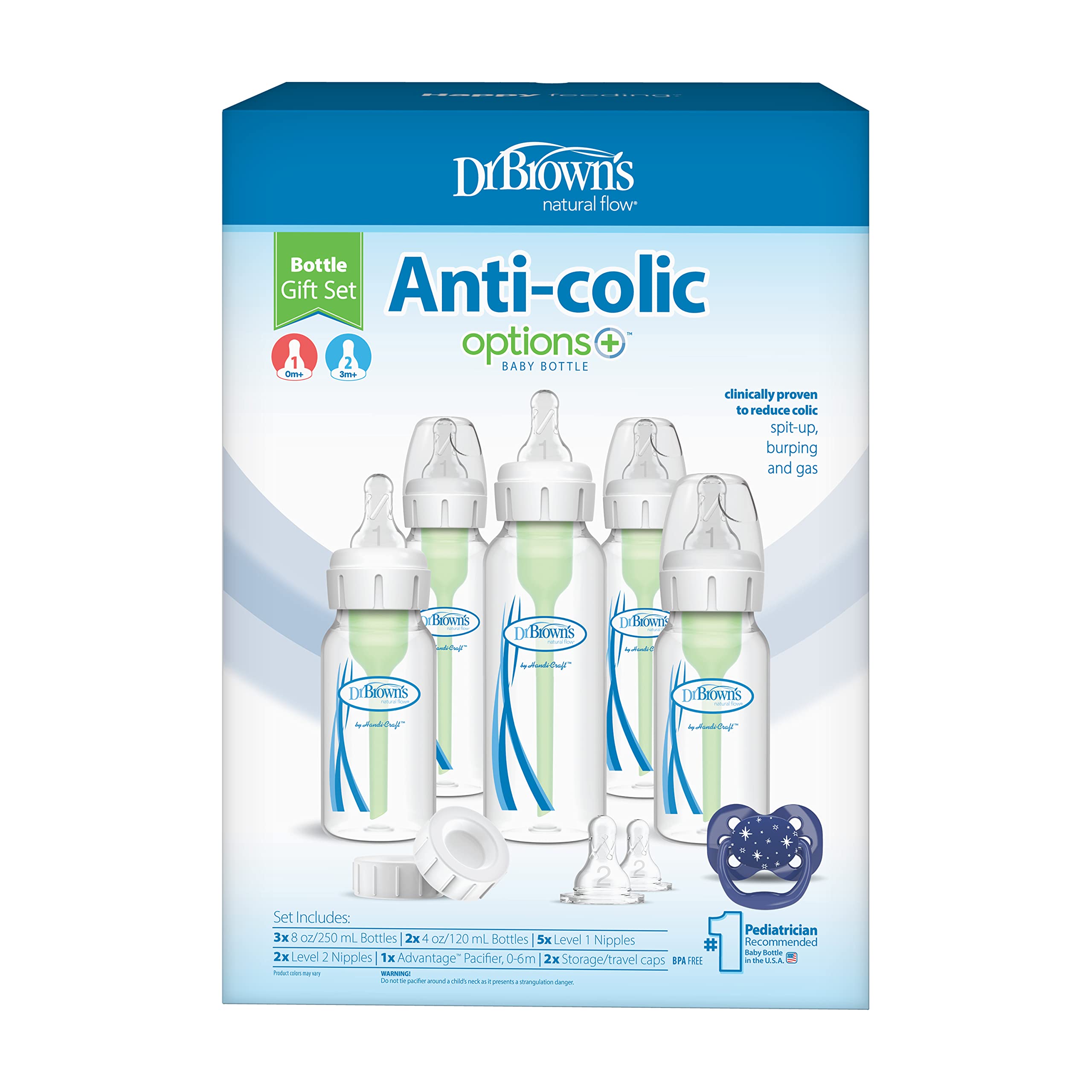 Dr. Brown's Natural Flow Anti-Colic Options+ Narrow Baby Bottle Gift Set with Advantage Pacifier, and Bottle Travel Caps