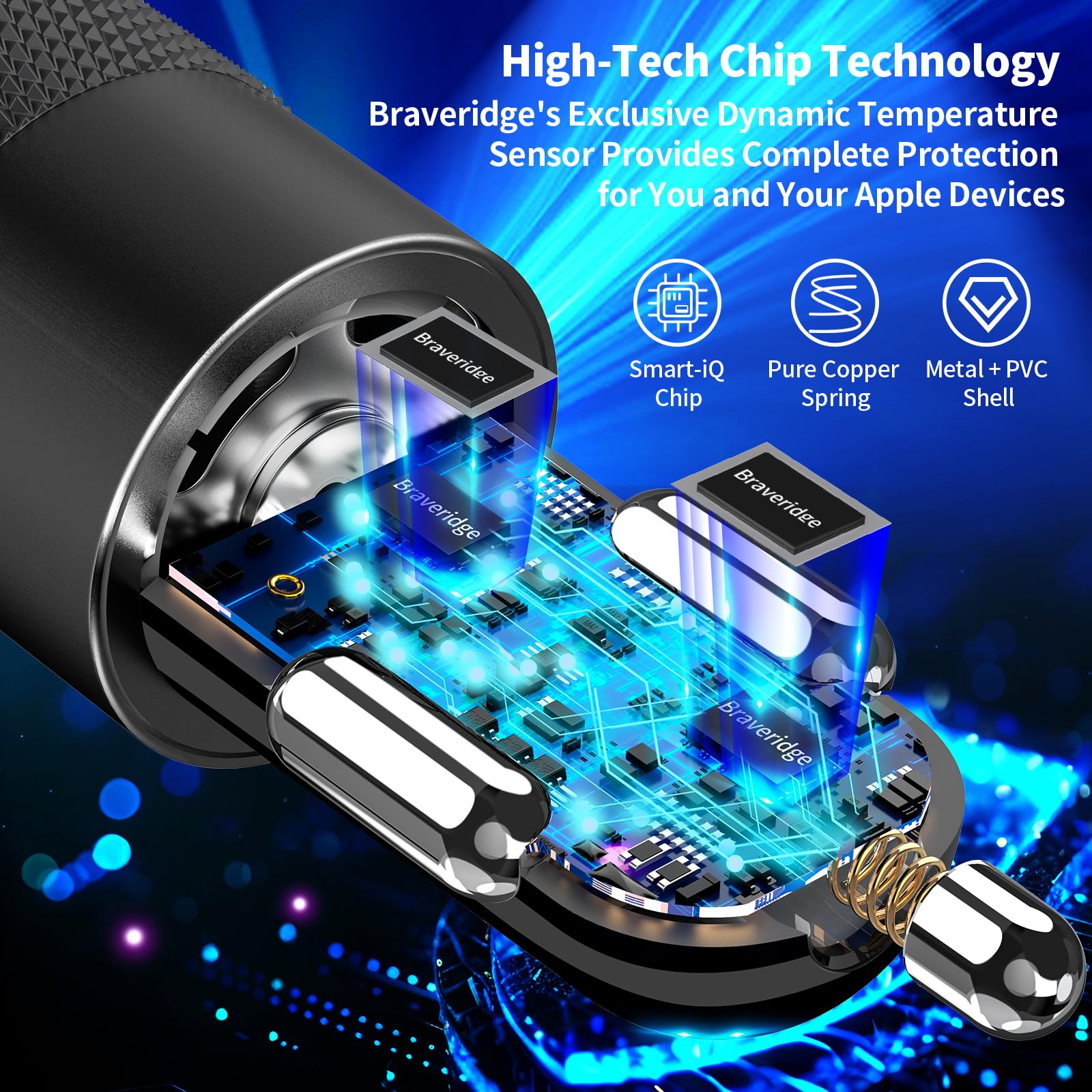 【MFi Certified】iPhone 17 Car Charger Fast Charging, Braveridge 75W USB C PD&QC Car Power Cigarette Lighter USB Charger with 6FT Type C Coiled Cable for iPhone 17/17 Pro Max/16/15/Galaxy S25/S24/Pixel