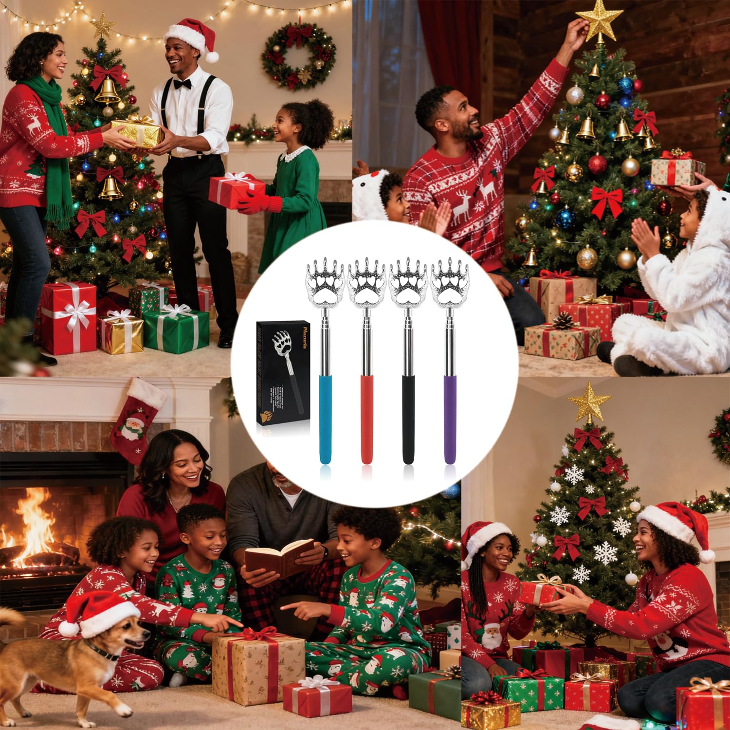 (4-Pack) Extendable Back Scratchers - Metal Claws with Telescopic Rubber Handles - Stocking Stuffers for Men, Women, Kids - Christmas Gift