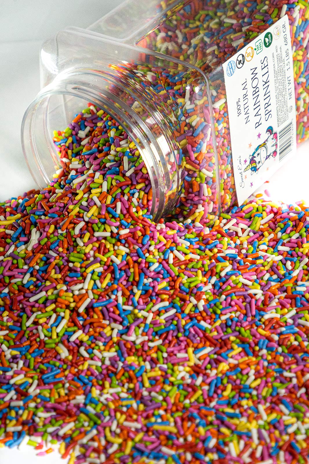 100% NATURAL RAINBOW SPRINKLES - NATURAL COLOR, DAIRY FREE, NUT FREE, GLUTEN FREE, SOY FREE, VEGAN, EGG FREE AND KOSHER ,1.5 LBS. CUPCAKE AND CAKE TOPPER,BULK CANDY, RESEALABLE CONTAINER,COLORFUL