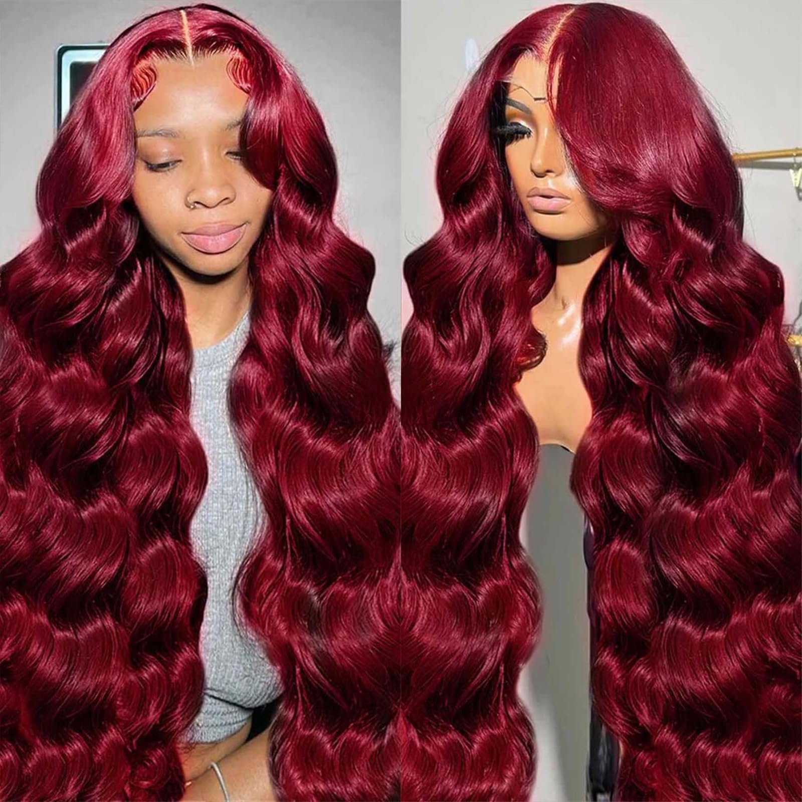 QZOQZO 28 Zoll 99j Weinrot Lace Front Perücken Echthaar Rote Weinrote Perücke 180% Dichte 13x6 Body Wave Lace Front Perücken Vorgezupft Klebstofflose Lace Front Perücken Echthaar für Frauen
