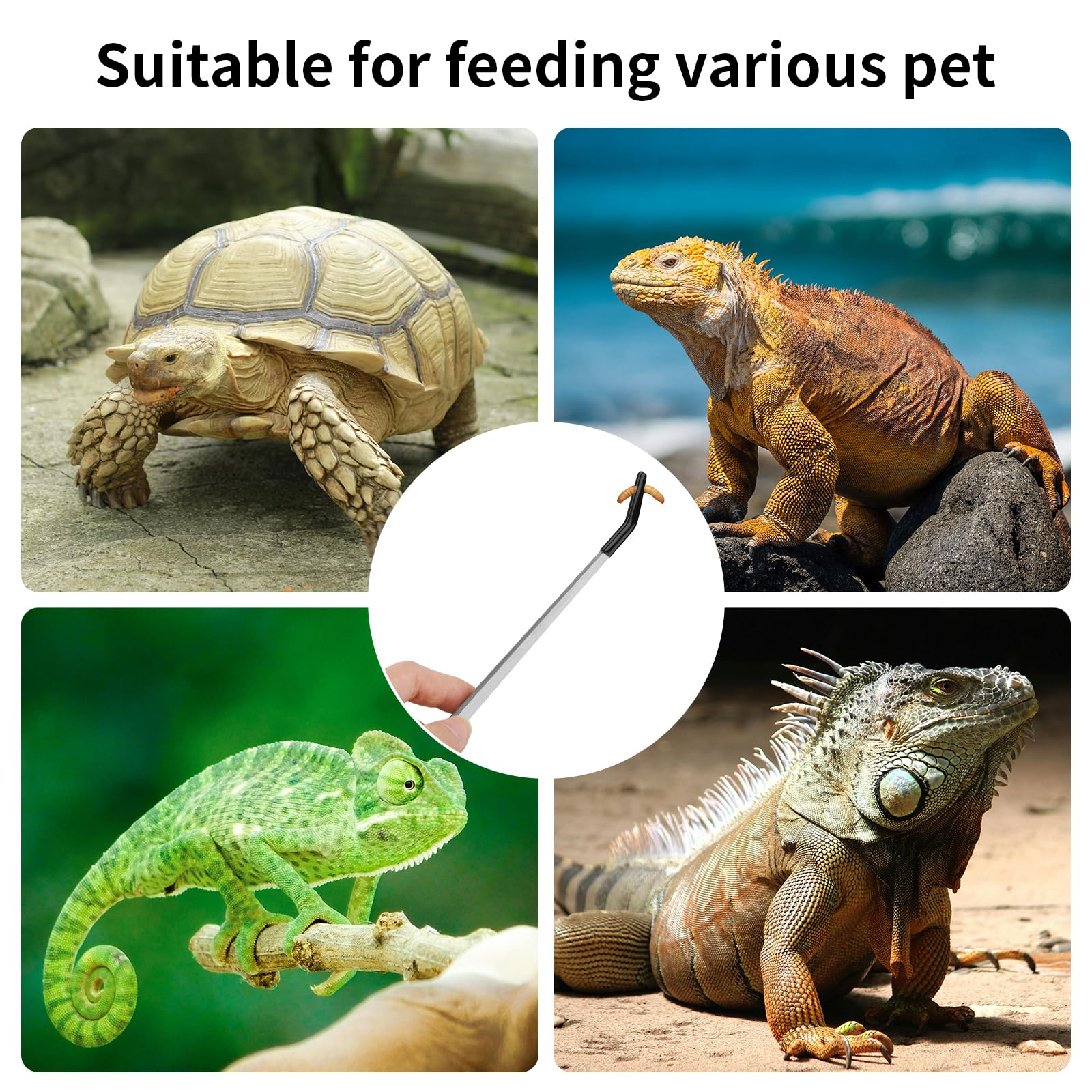 Novery 2PCS Stainless Steel Reptile Feeding Tongs with Rubber Tip, 10.6” Straight & Curved Long Tweezers for Aquarium or Craft, Bearded Dragon Tank Snakes Enclosure Accessories, Terrarium Supplies