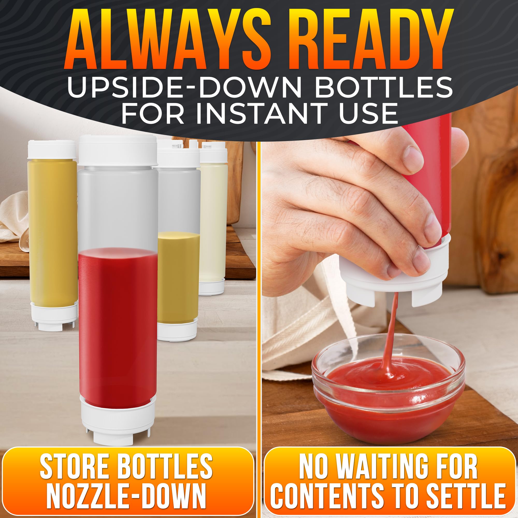 Set of 6 Condiment Squeeze Bottles for Sauces 16 oz – Easy-to-Fill Clear Bottles with Self-Closing Valve | Ready-to-Dispense for Dressings, Ketchup, Mustard & More, Durable, Reusable, Mess-Free Design