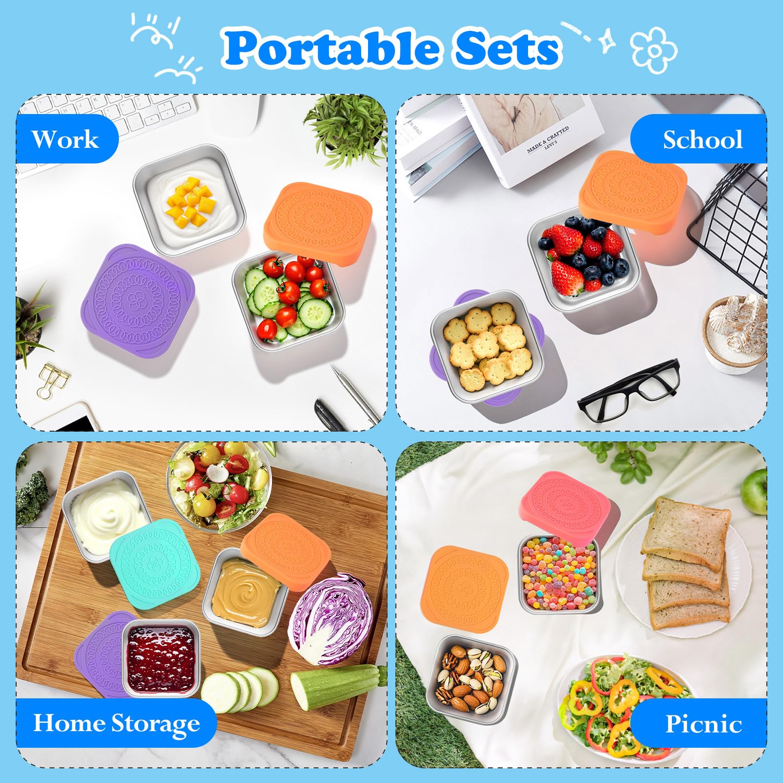 4Pack 6oz Reusable Stainless Steel Snack Containers for Kids, Easy Open Leak Proof Metal Small Toddler Snack Containers with Silicone Lids, Stackable Metal Toddler Lunch Box for Daycare School Travel