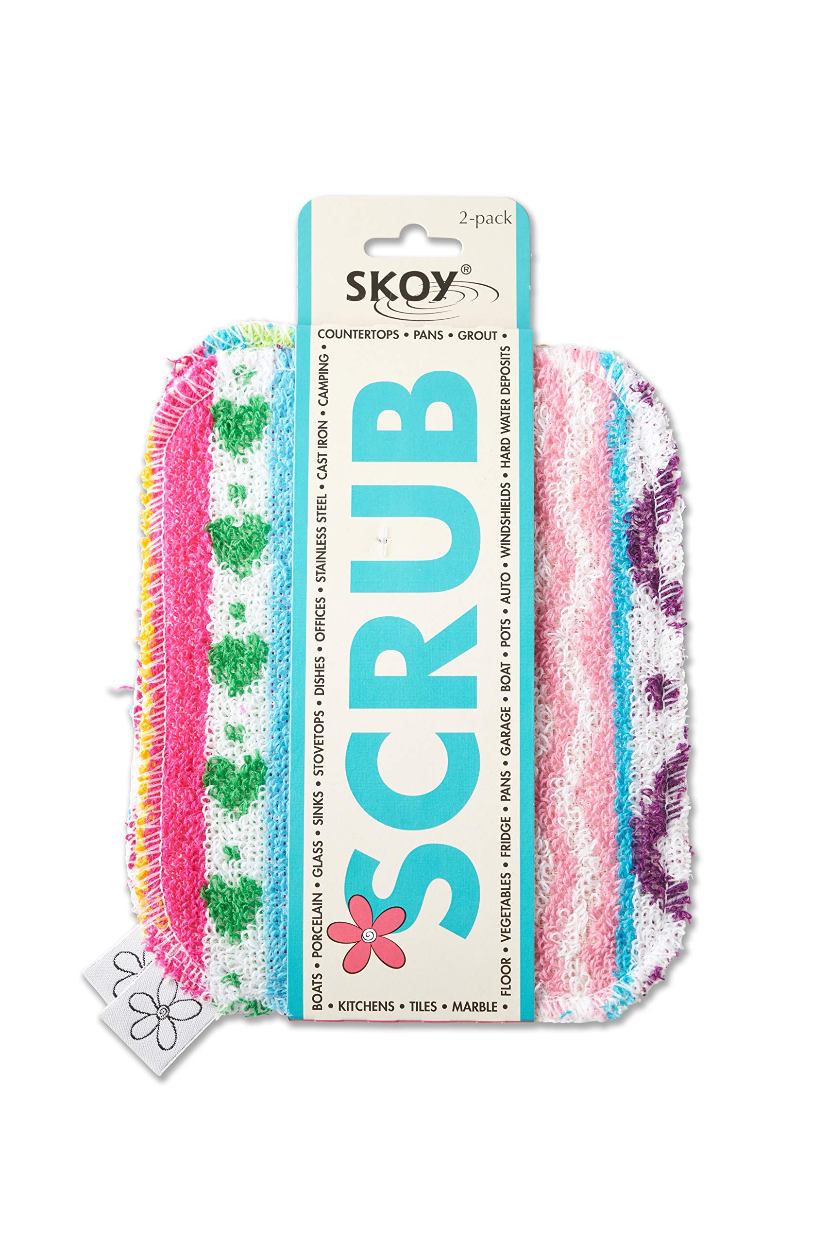 Skoy Scrub, 2-pack Reusable, Non-Scratching Dish Scrubber for Kitchen and Household Cleaning, Planet-Friendly, Dishwasher Safe Soft Scrub, Assorted Colors and Designs