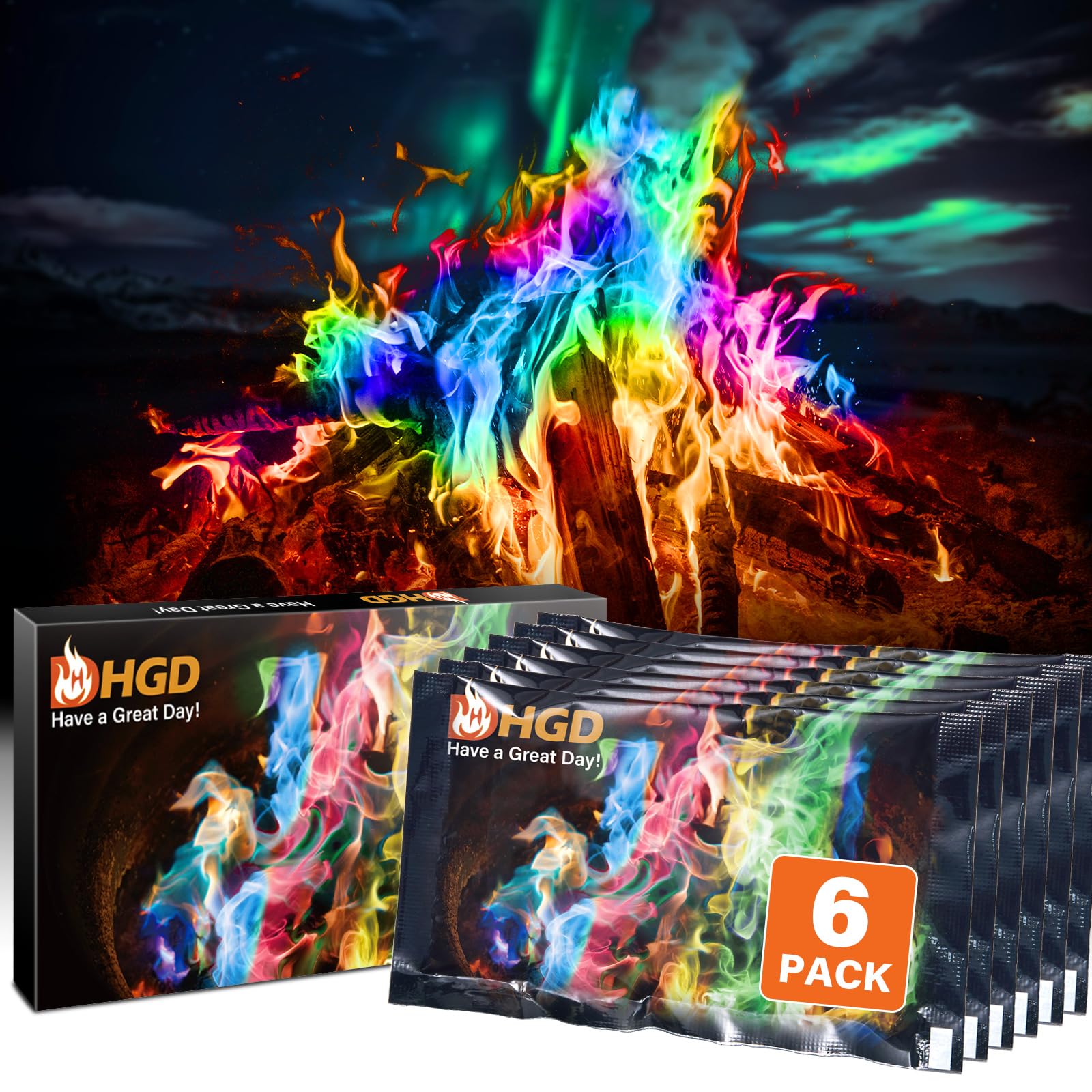 HGD (6er-Pack) Magic Campfire Farbwechselbeutel für Feuerstellen, Innen-/Außenkamine, Lagerfeuer – Magische Regenbogenflamme, Campingzubehör, Kompatibel mit Holz