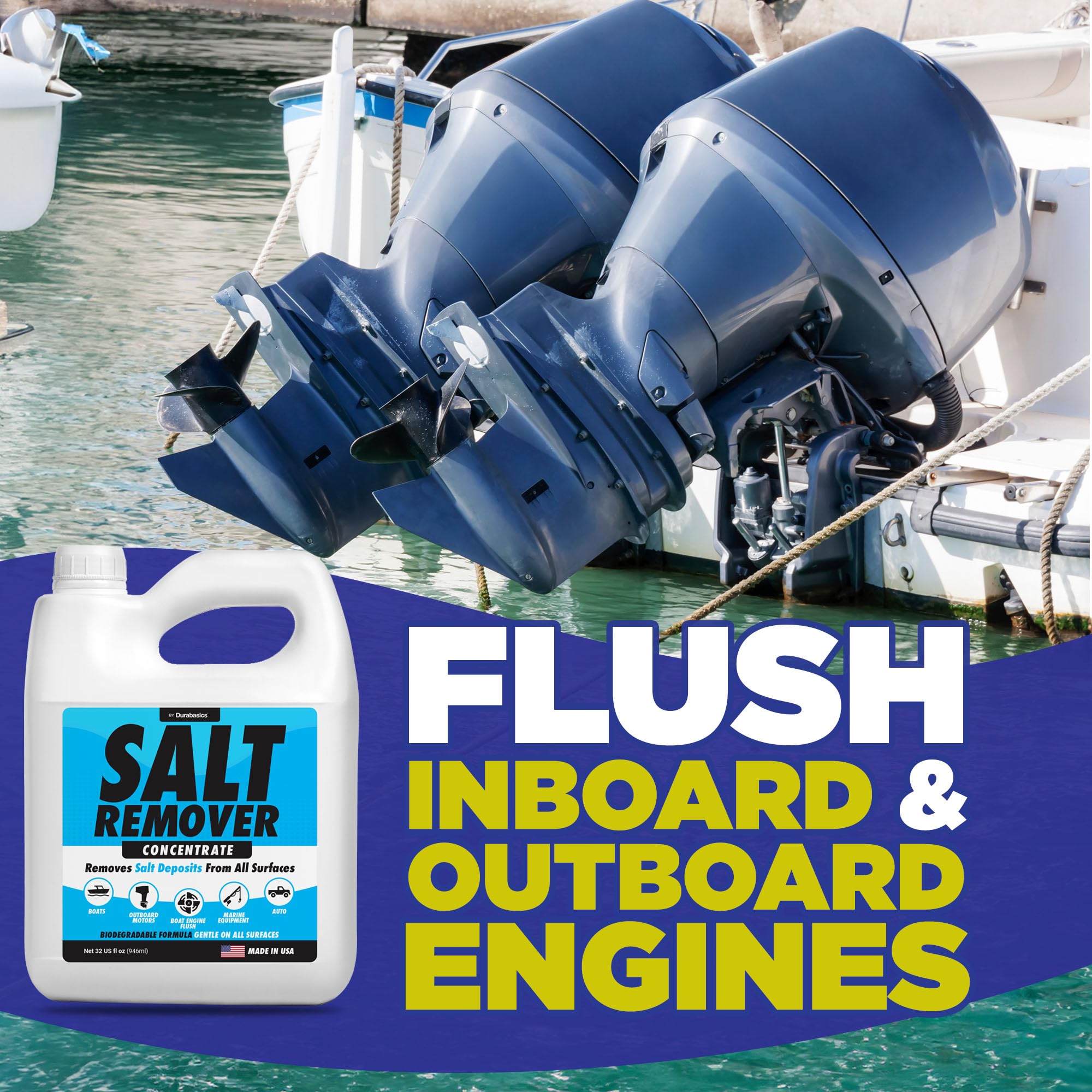 Durabasics Salt Remover Concentrate Kit - Ultimate Boat Salt Remover for Boats & Marine Engine Flush - 32 OZ with Hose Applicator - Perfect for Outboard Motor Flush & Washing Salt Deposits Away