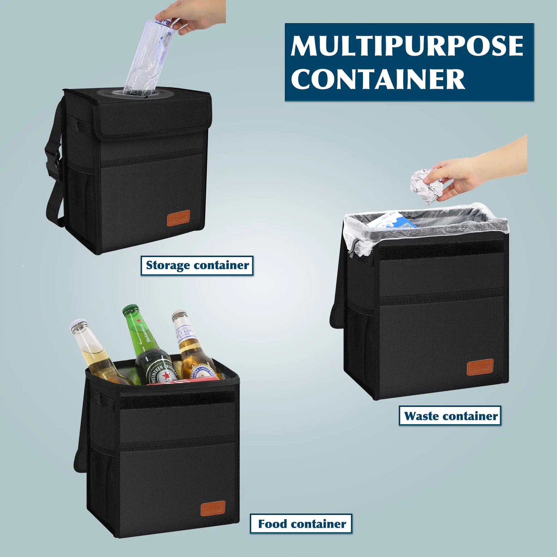 Femuar Leak Proof Car Trash Can with Lid - Waterproof Automotive Garbage Bin for SUVs, Collapsible and Portable Car Trash Bag, Black