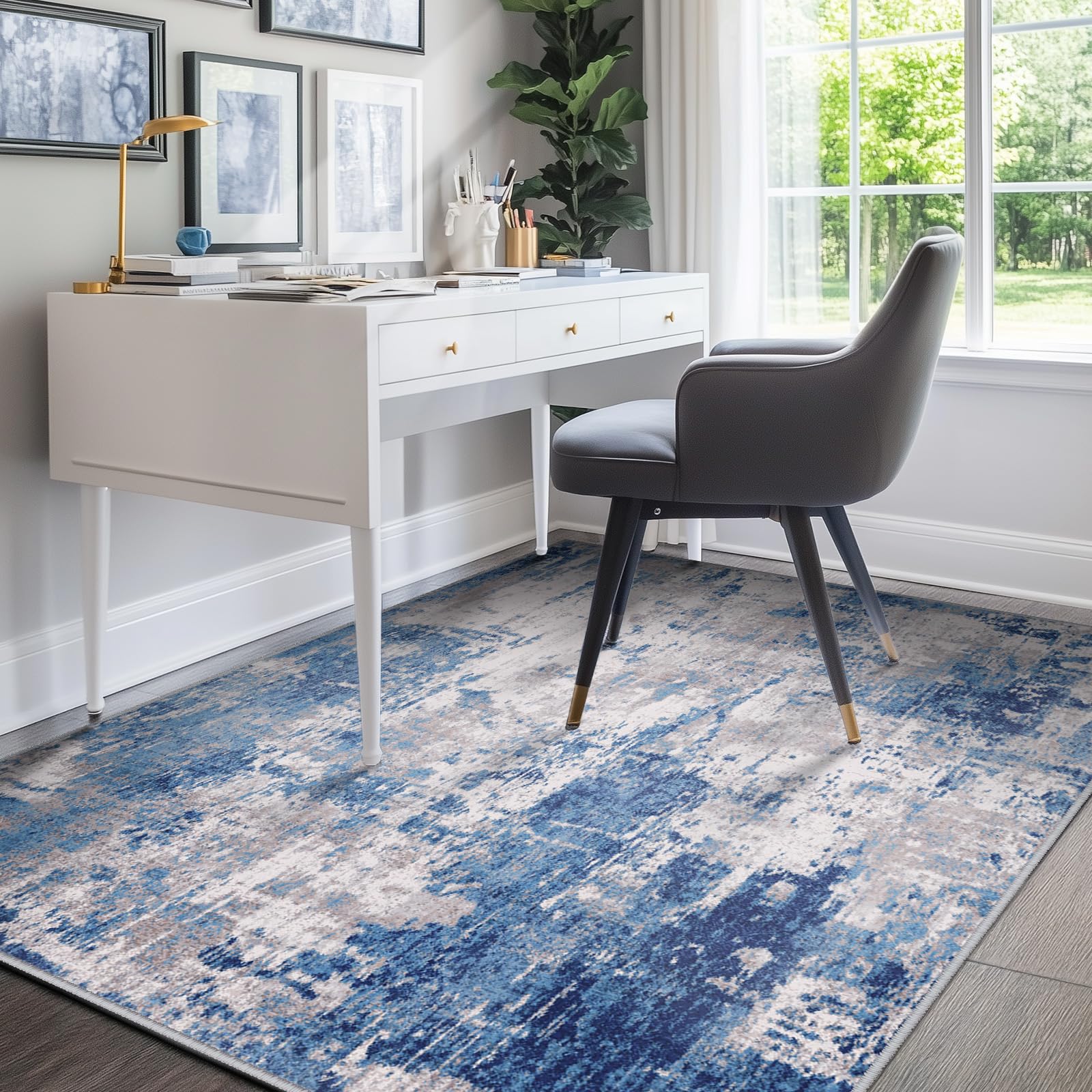 RELEANY Washable Area Rugs 5'x7' Non-Slip Modern Abstract Soft for Living Room Entryway Bedroom Nursery, Print Pattern, Blue Grey Navy Gray