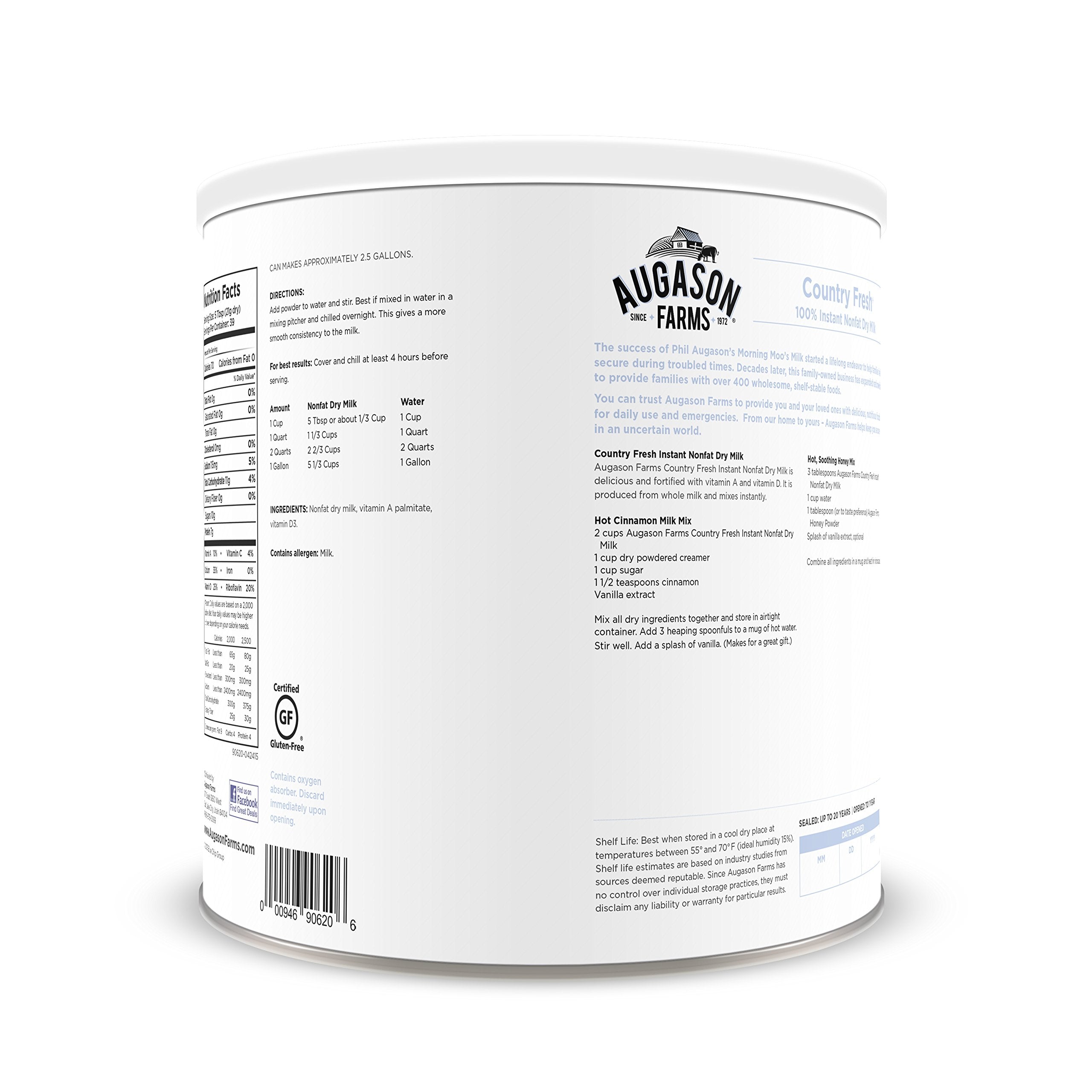 Augason Farms Country Fresh Instant Nonfat Dry Milk Can, Emergency Food Supply, Everyday Meals, 39 Servings