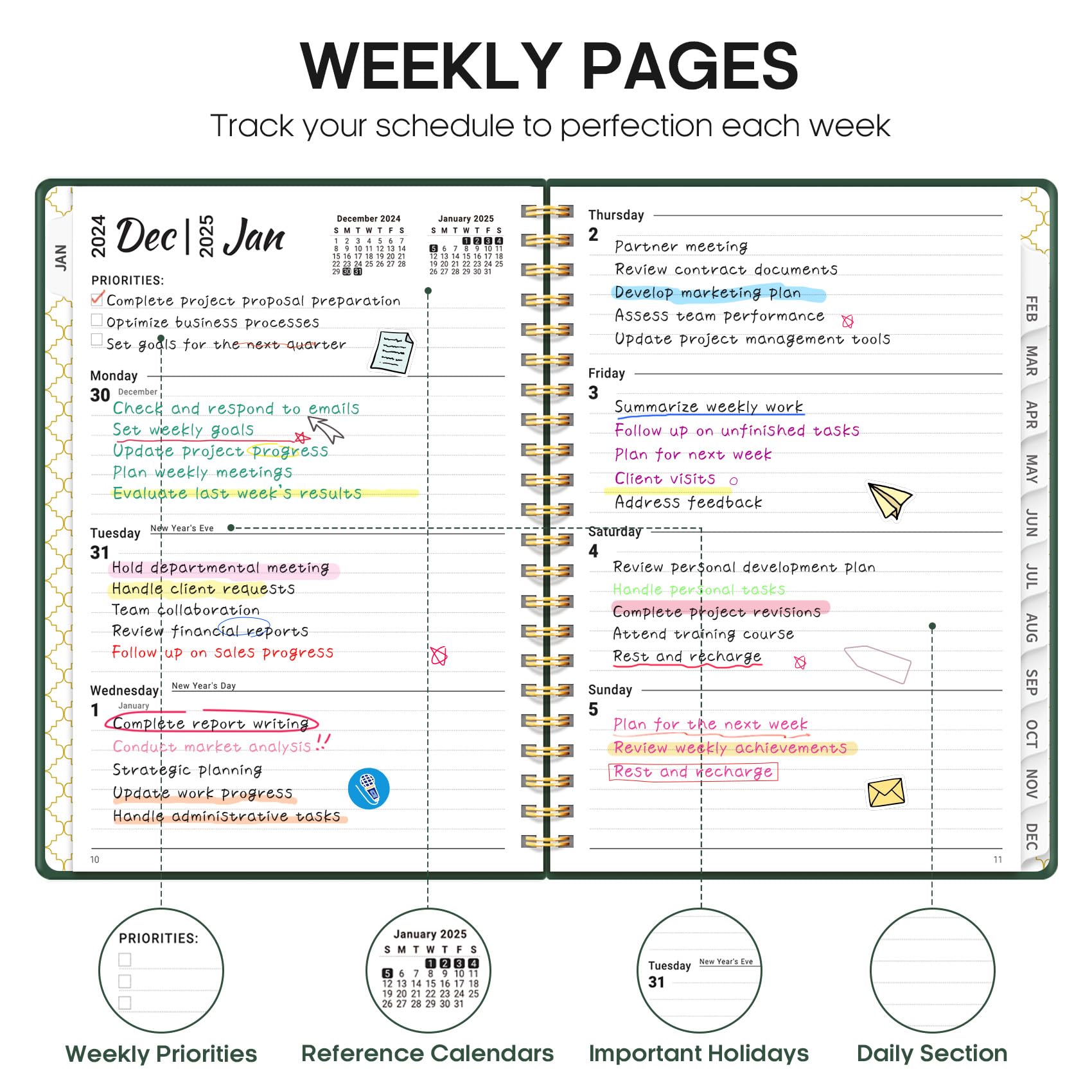 2025 Planner, Weekly and Monthly Planner Spiral Bound, Jan 2025 - Dec 2025, Hardcover 2025 Calendar Planner Book with Tabs, Inner Pocket, Perfect for Office Home School Supplies - A5 (6.3" x 8.5"), Green