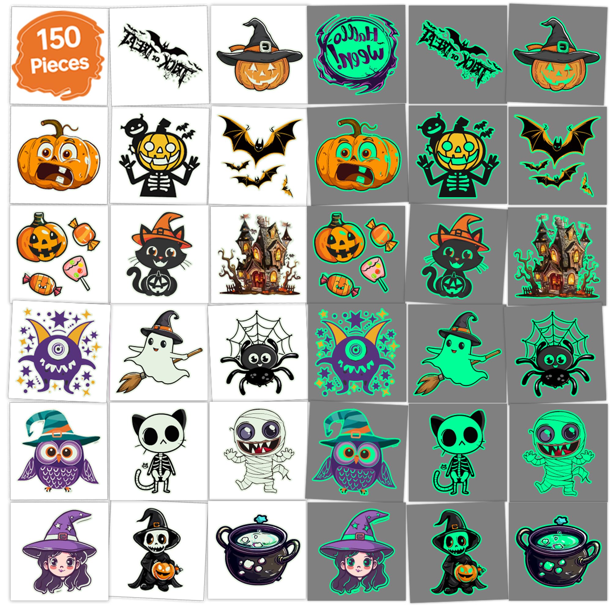 150 Pcs Glow in the Dark Halloween Tattoos for Kids Bulk, 50 Unique Designs, 2 Inch Halloween Temporary Tattoos with 50 Small Zip Lock Bags, Easy to Apply & Remove