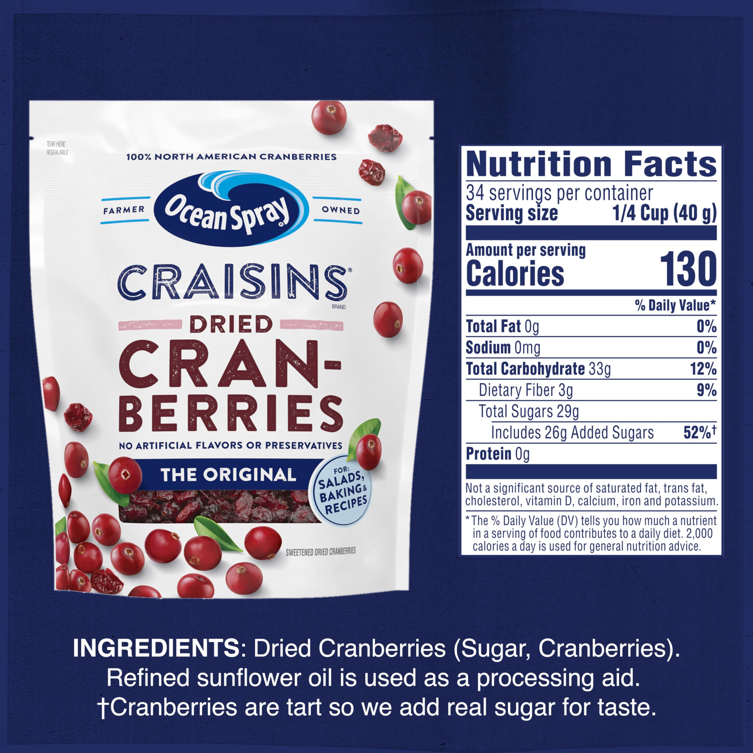 Ocean Spray Craisins Dried Cranberries, Original, 48 Ounce