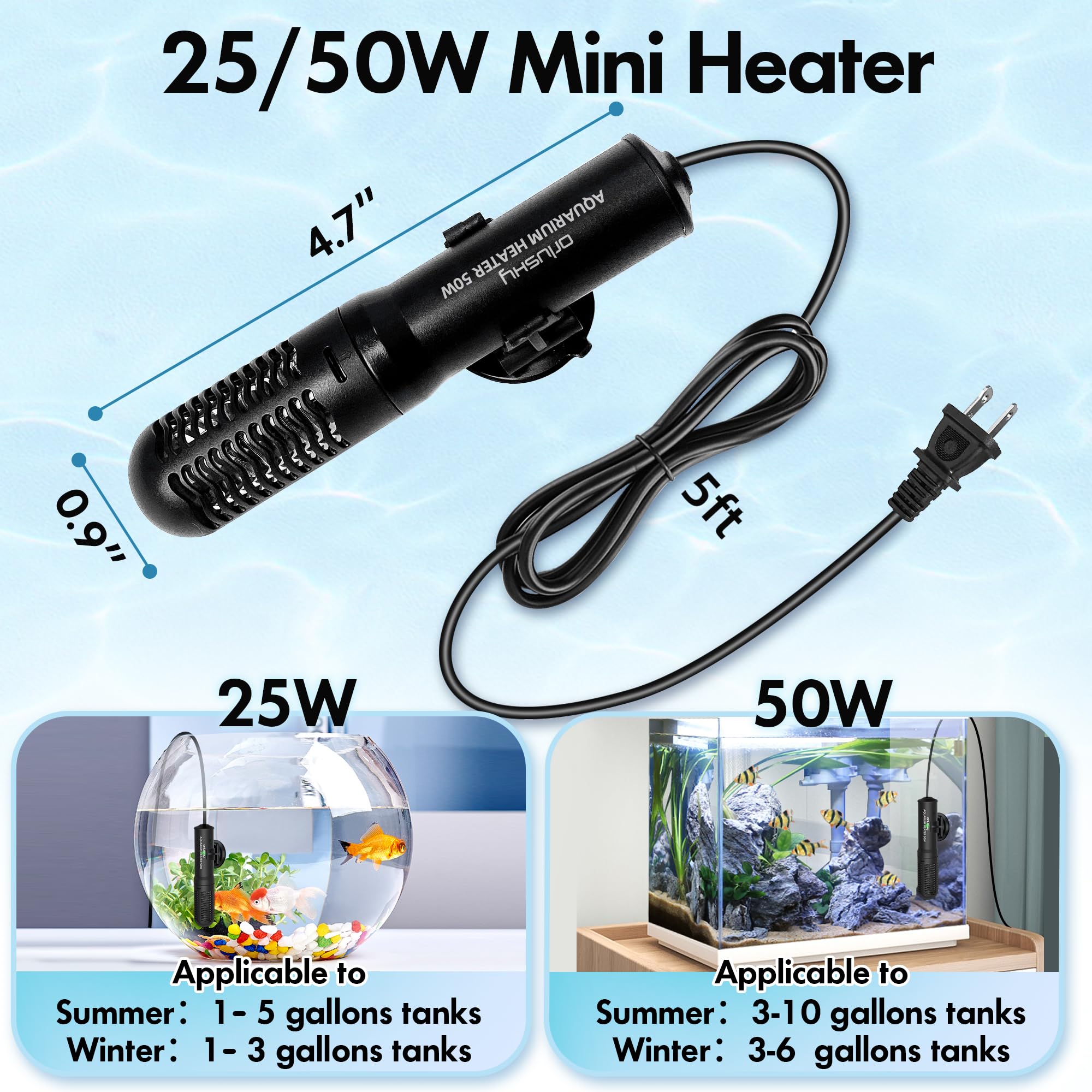 Orlushy 25W Small Submersible Aquarium Heater, Constant Temperature Betta Fish Tank Heater of 78℉for 1-6 Gallons Freshwater & Saltwater Tanks