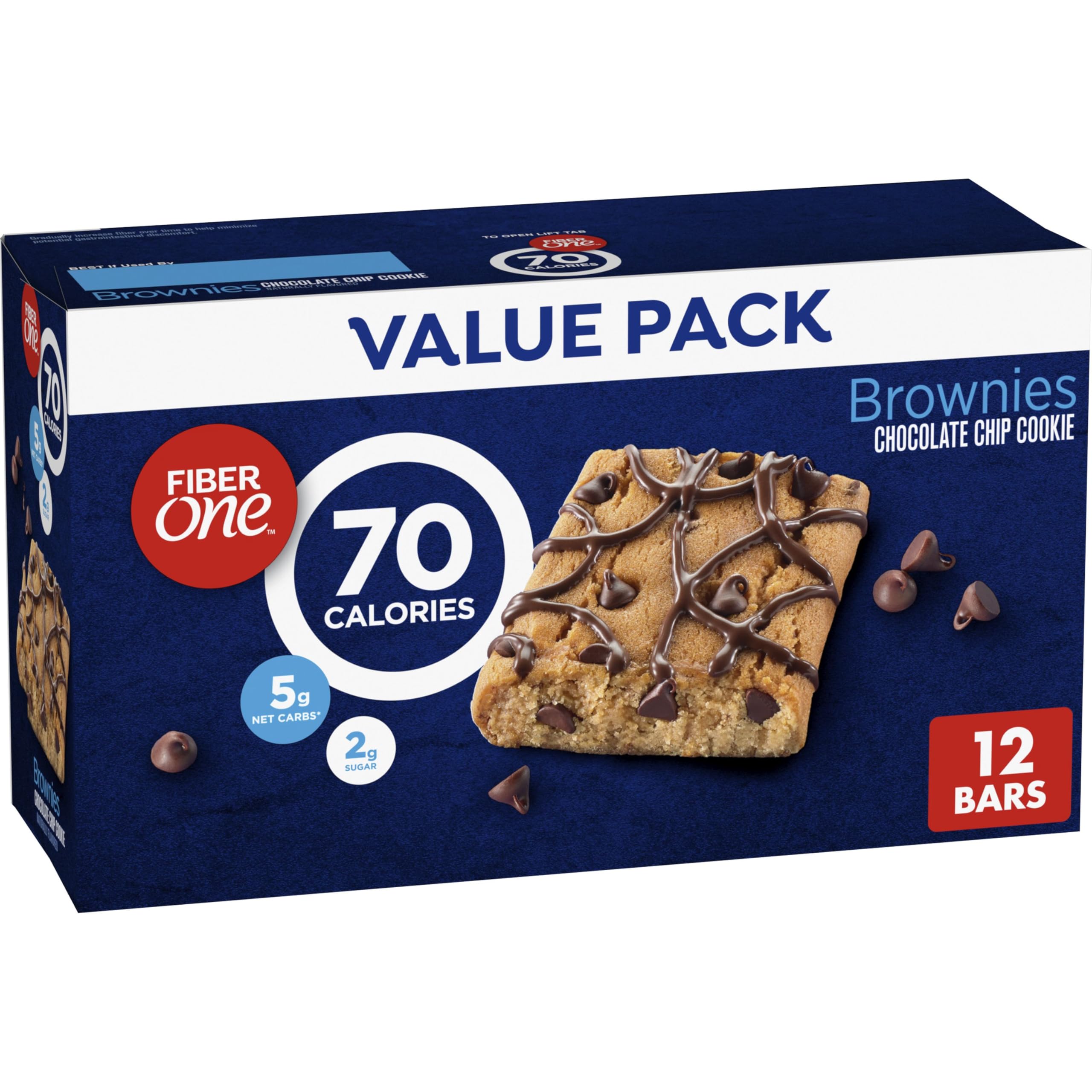 Fiber One 70 Calorie Brownies, Chocolate Chip Cookie Snack Bars, 2g Sugar, Value Pack, 12 Ct, 10.6 oz