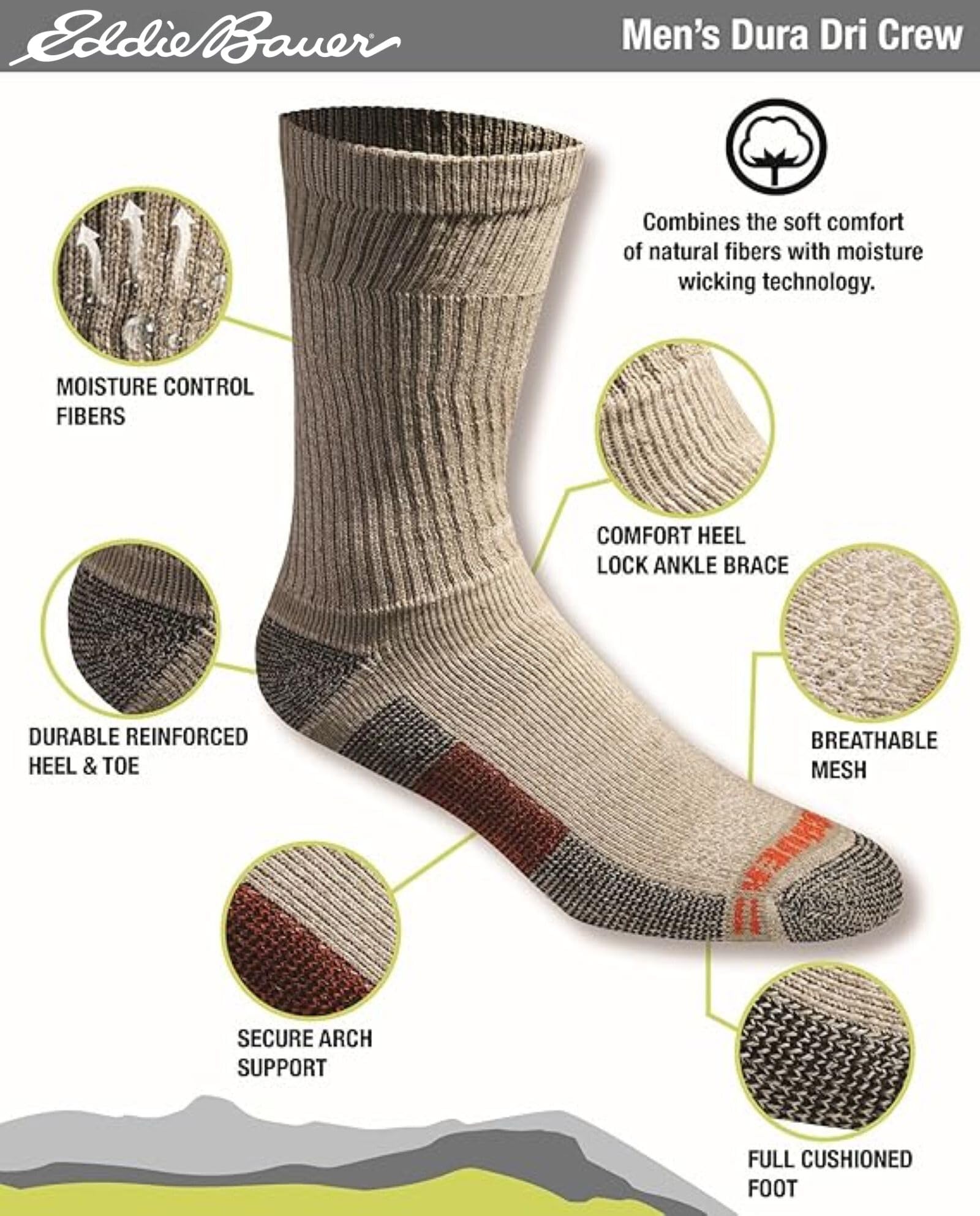 Eddie Bauer Men's Socks Dura Dri Moisture Control 6-Pair Crew Socks, Olive Assorted (6 Pairs), Large