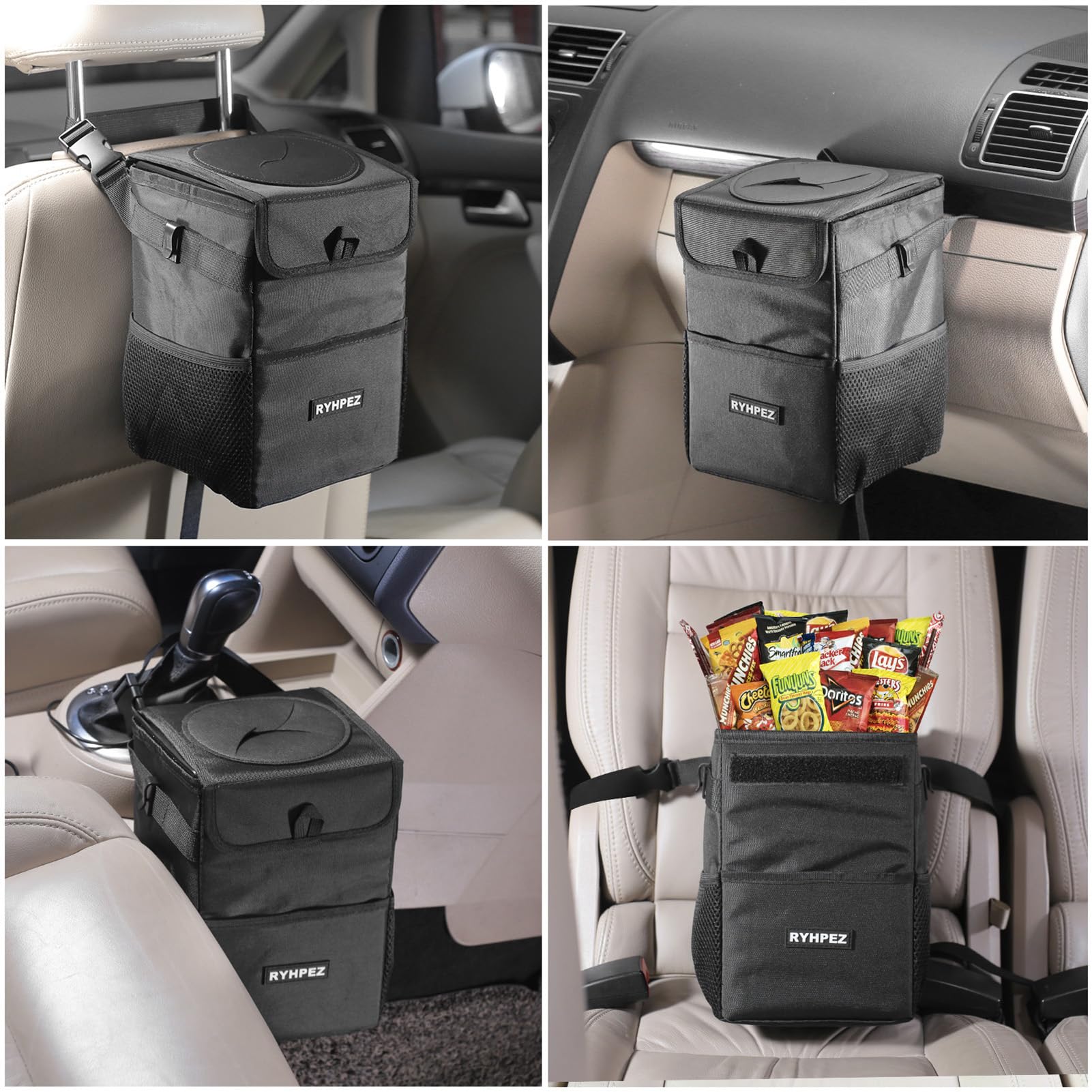 Ryhpez Car Trash Can with Lid - Leakproof Trash Bin Car Garbage Can, Collapsible Automotive Truck Organizer and Storage Bag Car Accessories for Women Men Road Trip Essentials