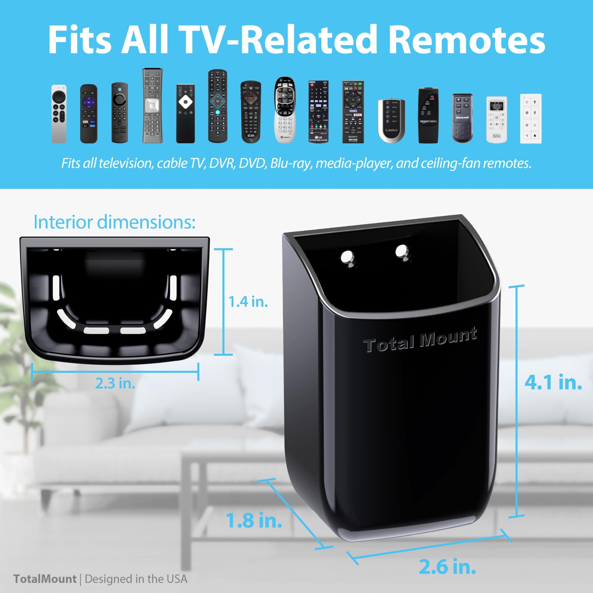 TotalMount Hole-Free Remote Control Holder – Eliminates Need to Drill Holes in Your Wall (Black, Quantity 1)