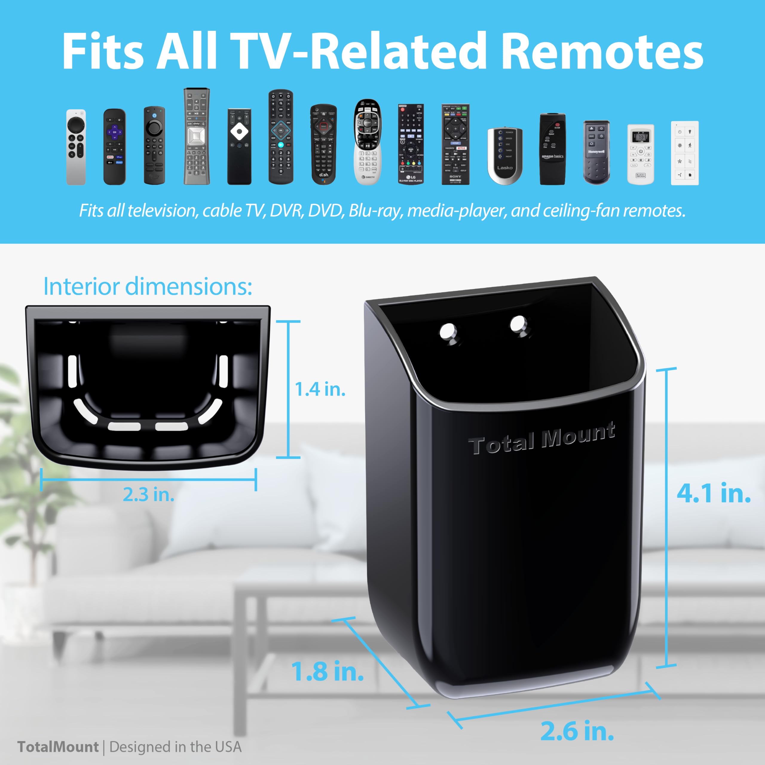 TotalMount Hole-Free Remote Control Holder – Eliminates Need to Drill Holes in Your Wall (Black, Quantity 1)