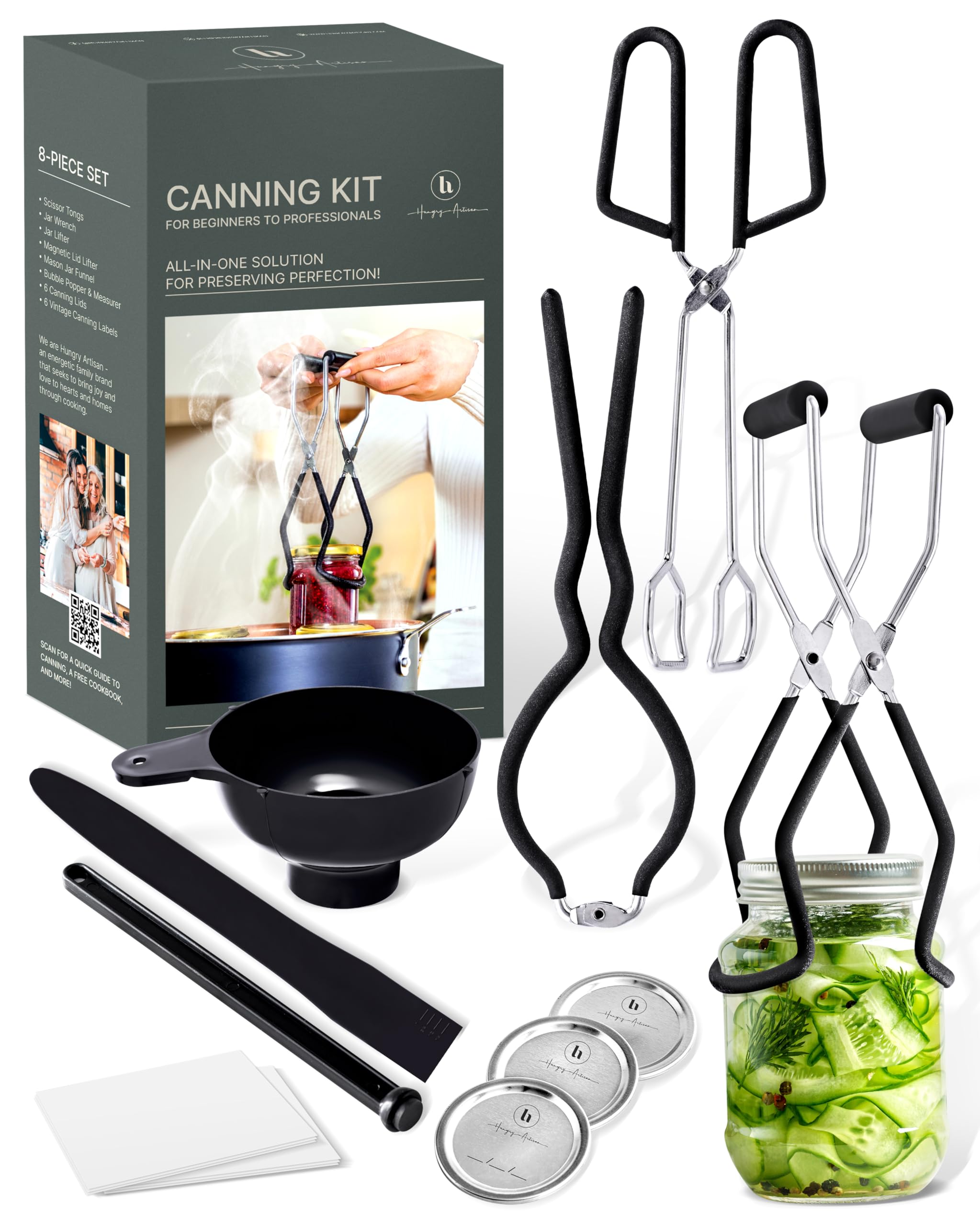 Canning Supplies Set of 8 – Canning Kit for Beginners – Complete Home Canners Equipment – Mason Jar Lifter, Funnel & Wrench, Tongs, Bubble Popper, Magnetic Lid Lifter, Canning Labels & Lids