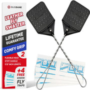 2 Leather Fly Swatter for Indoors. Long Handle, Heavy Duty Fly Swatter Manual Multi Pack. Flyswatters Heavy Duty Flyswatter 2 pack. Flies Swater Includes 4 Sticky Window Bug Traps. Mata Moscas Outdoor
