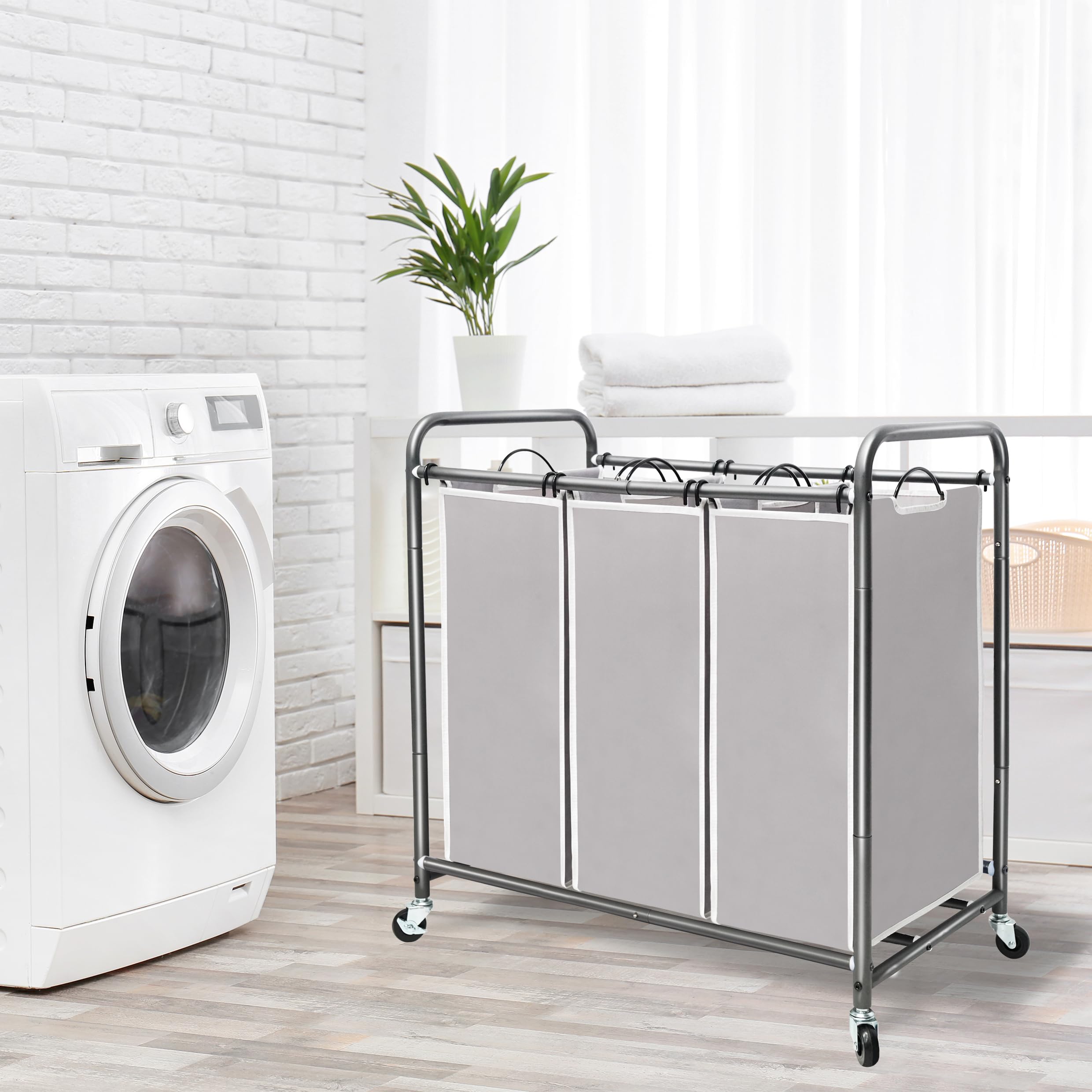 STORAGE MANIAC 3 Section Laundry Sorter, 35.9 Gal (136 L) Laundry Hamper Cart with Heavy Duty Rolling Lockable Wheels and Removable Bags, Clothes Organizer Basket Clothes Separator Hamper, Gray