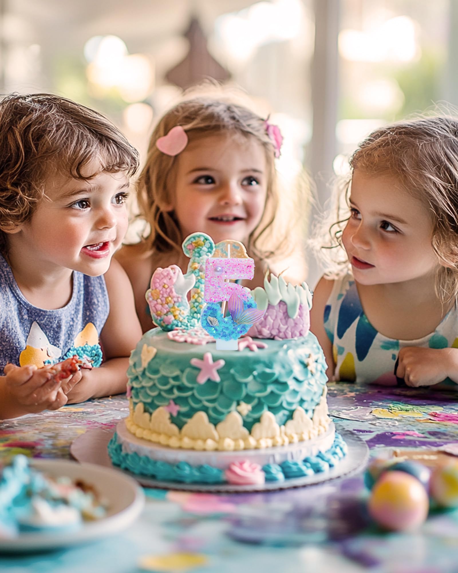 Mermaid Themed Birthday Candles, Number 5 Girls Glitter Birthday Party Supplies,Anniversary Party Decor,2.87 inch Cake Topper Decorations (Mermaid Themed, Number 5)