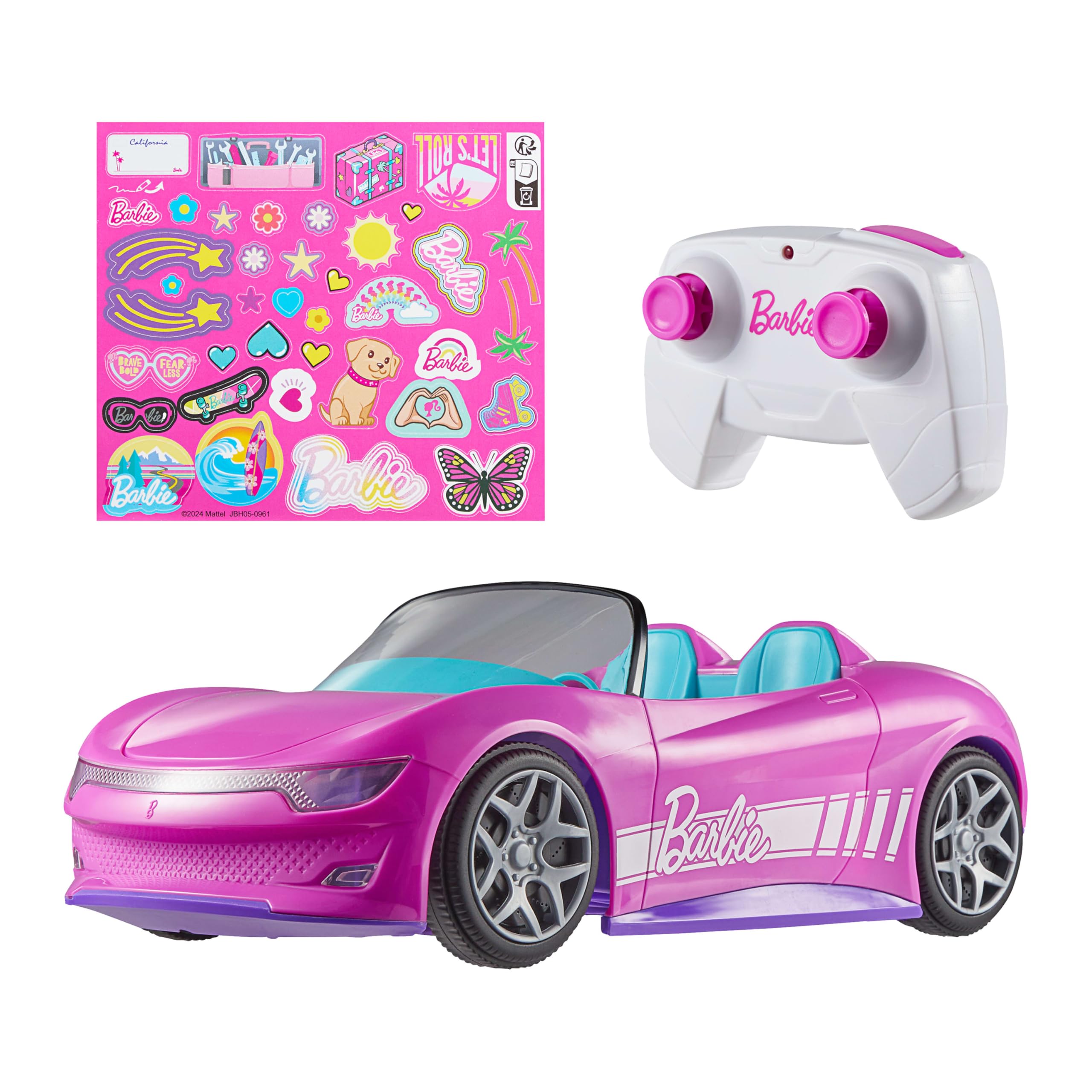 Hot Wheels Barbie RC Spielzeugauto, ferngesteuertes pinkes Cabrio, bietet Platz für 2 Barbie Fashion Dolls & Kofferraum zum Öffnen für Stauraum, Stickerbogen zum Anpassen