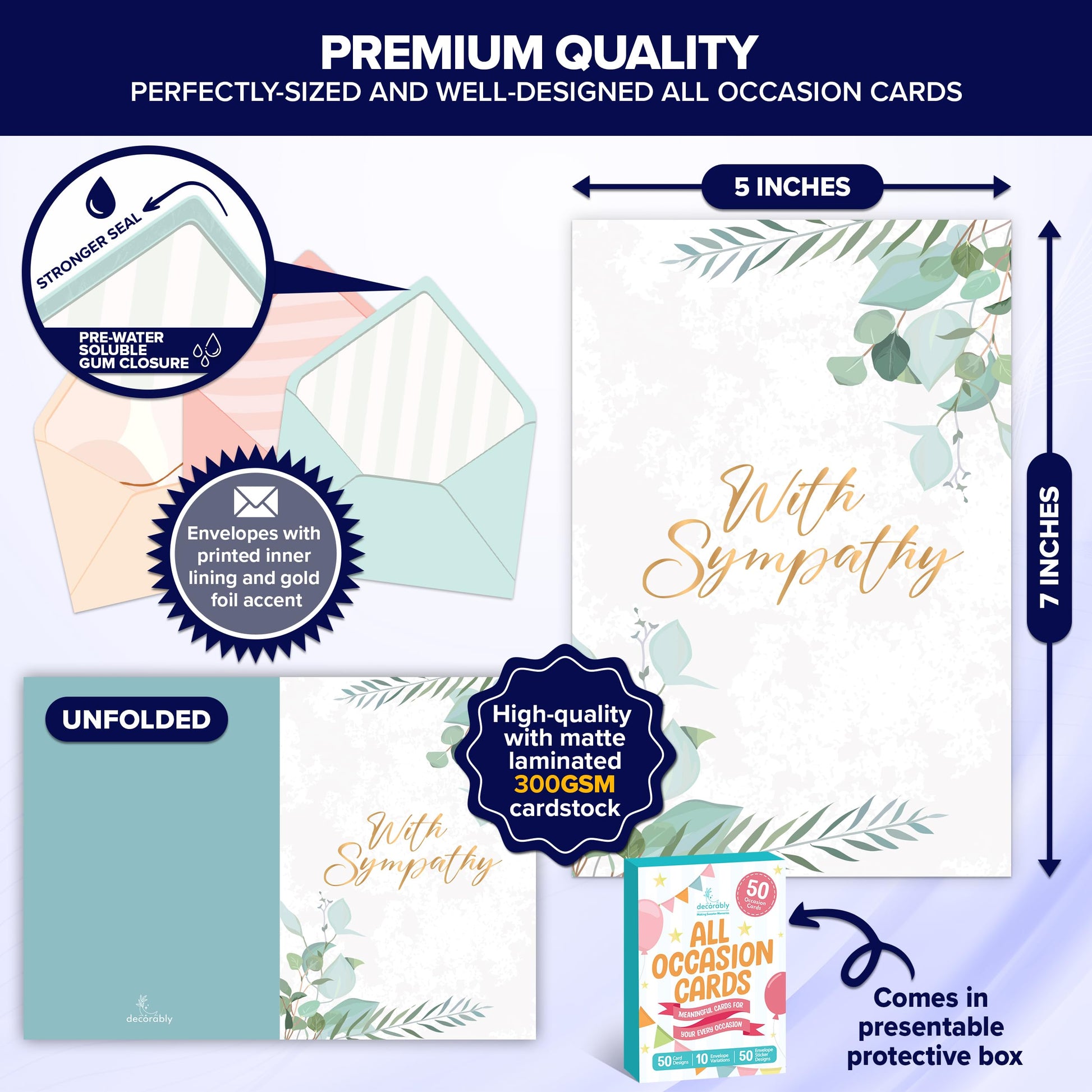 Decorably 50 Pack Gold Foiled and Glittery 5x7in All Occasion Cards Assortment Box with Envelopes & Stickers, 50 Unique Designs All Occasions Greeting Cards Assortment Box with Printed Message Inside