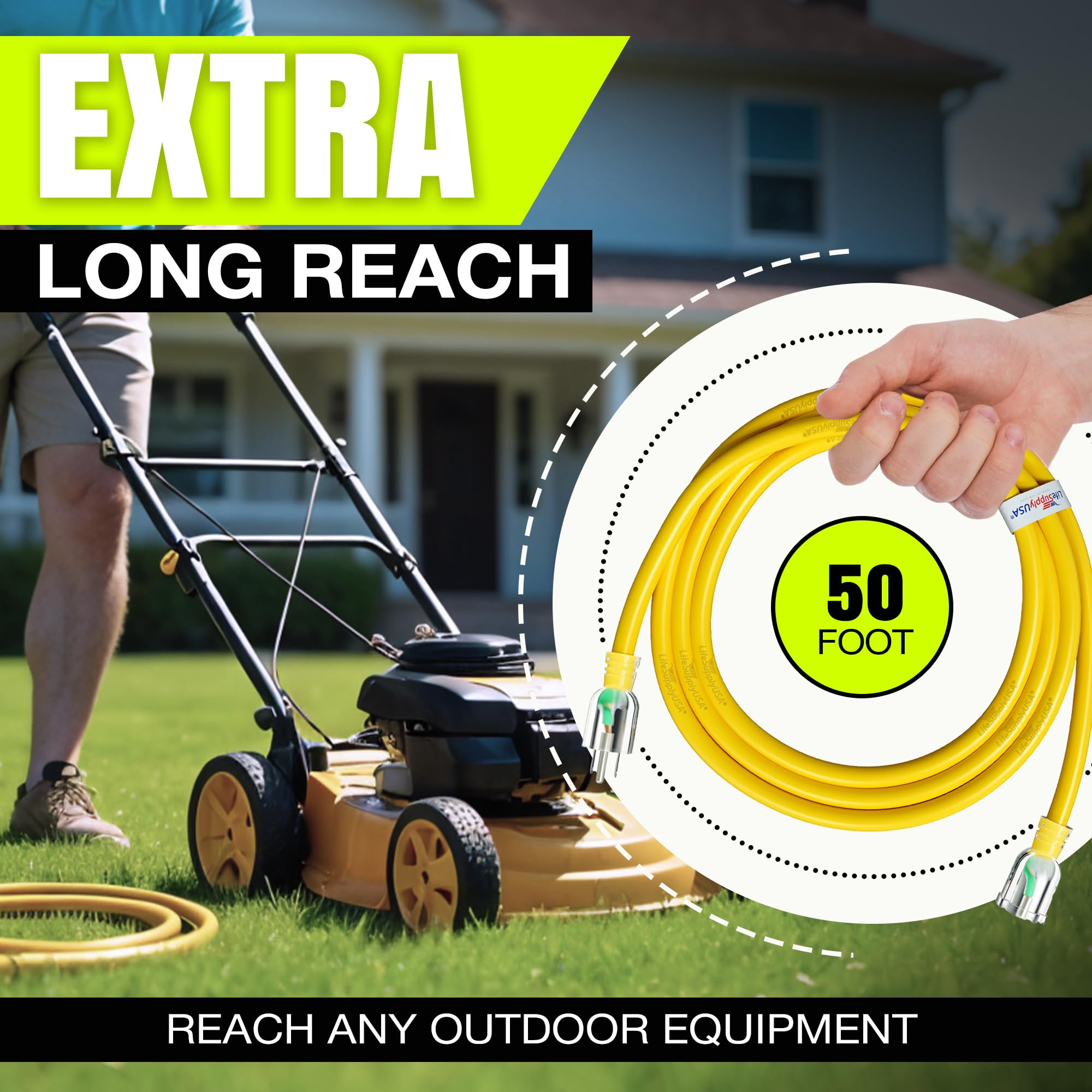 50ft Outdoor/Indoor Extension Cord 10/3 Gauge Ultra Heavy Duty 3 Prong SJTW, Waterproof, Flexible Cold-Resistant Long Power Cord,15A 125V 1875W, Yellow by LifeSupplyUSA