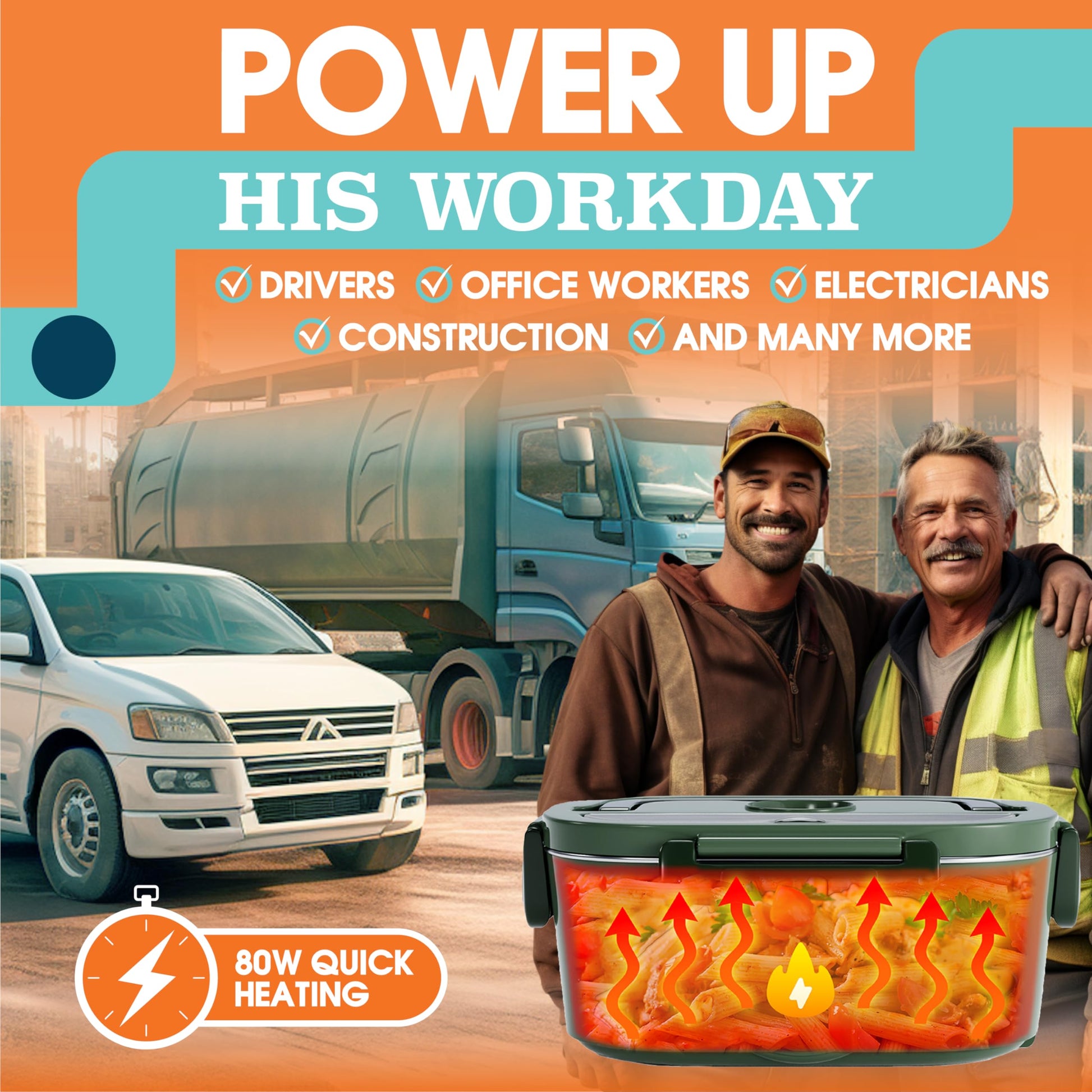 TRAVELISIMO Electric Lunch Box for Adults, 80W Heated Lunch Box 1.5L Stainless Steel Portable Food Warmer, 12/24/110V Lonchera Electrica Portatil for Travel & Work, Loncheras para Hombres de Trabajo