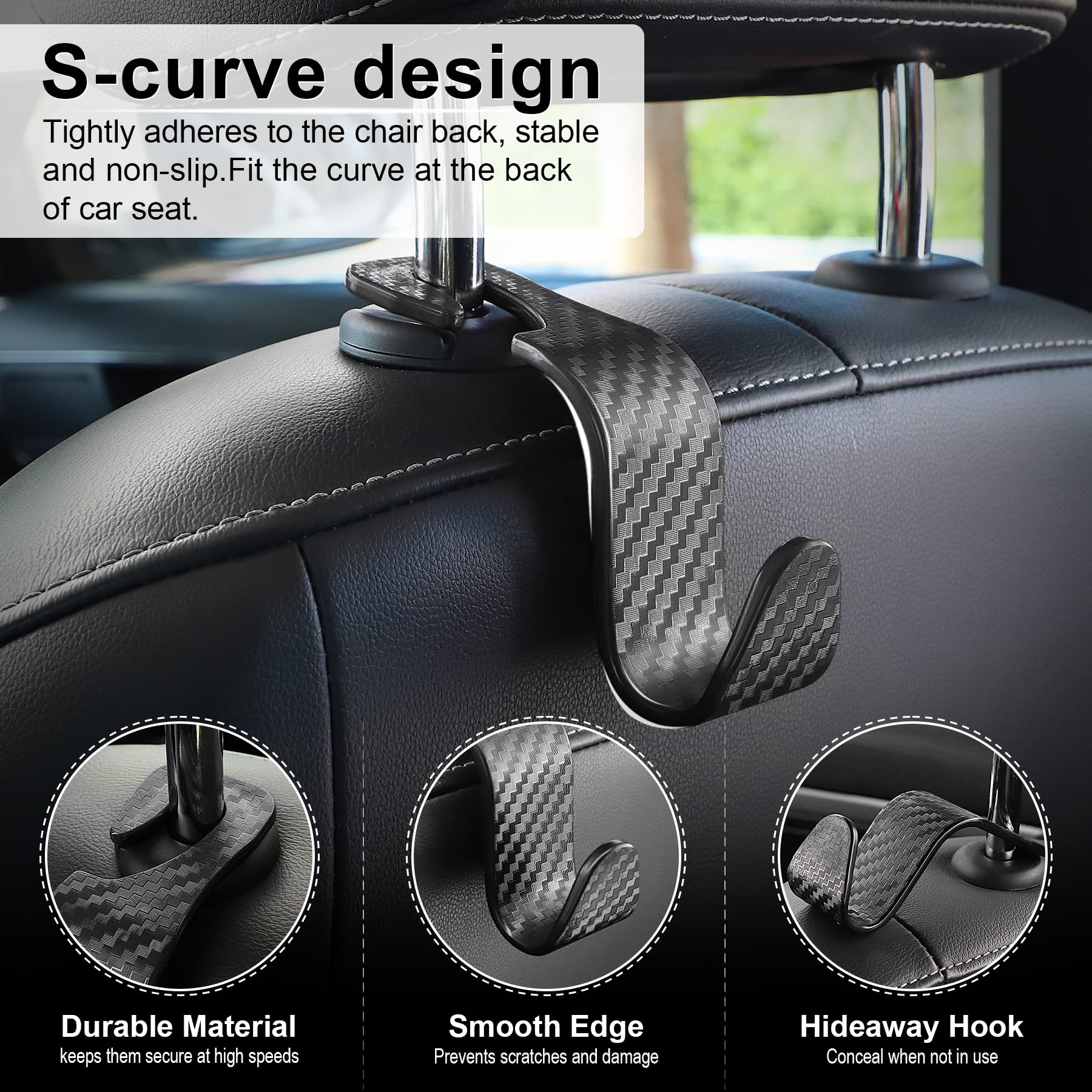 LivTee Car Purse Hook, Headrest Hook for Car, 4 Pack Universal Auto Car Seat Headrest Hook Hangers Organizer for Purse Coat Umbrellas Grocery Bags Handbag, Car Accessories - Carbon Fiber Black