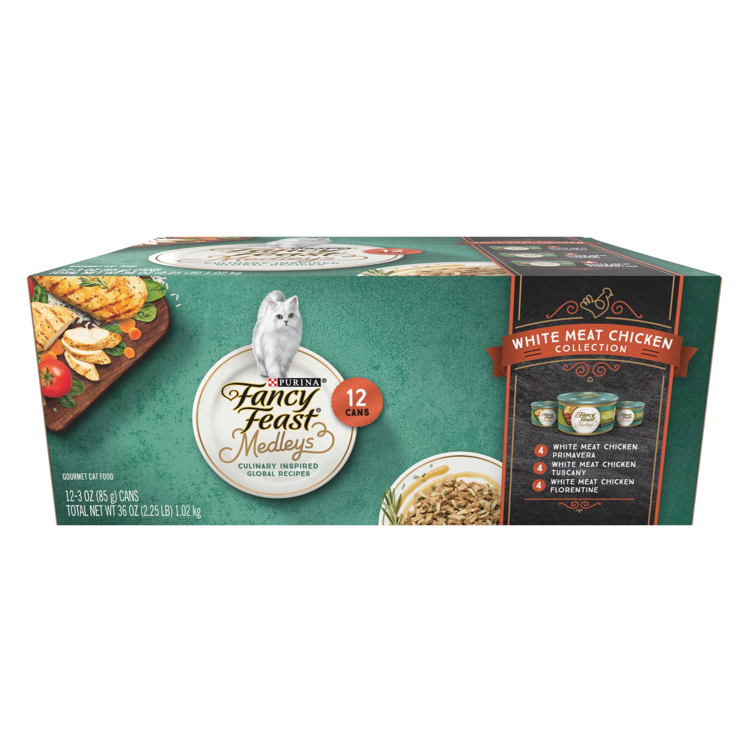 Purina Fancy Feast Nassfutter für Katzen, Multipack, Medleys, Weiße Fleischsorten in Soße – (12x) 85g-Dosen
