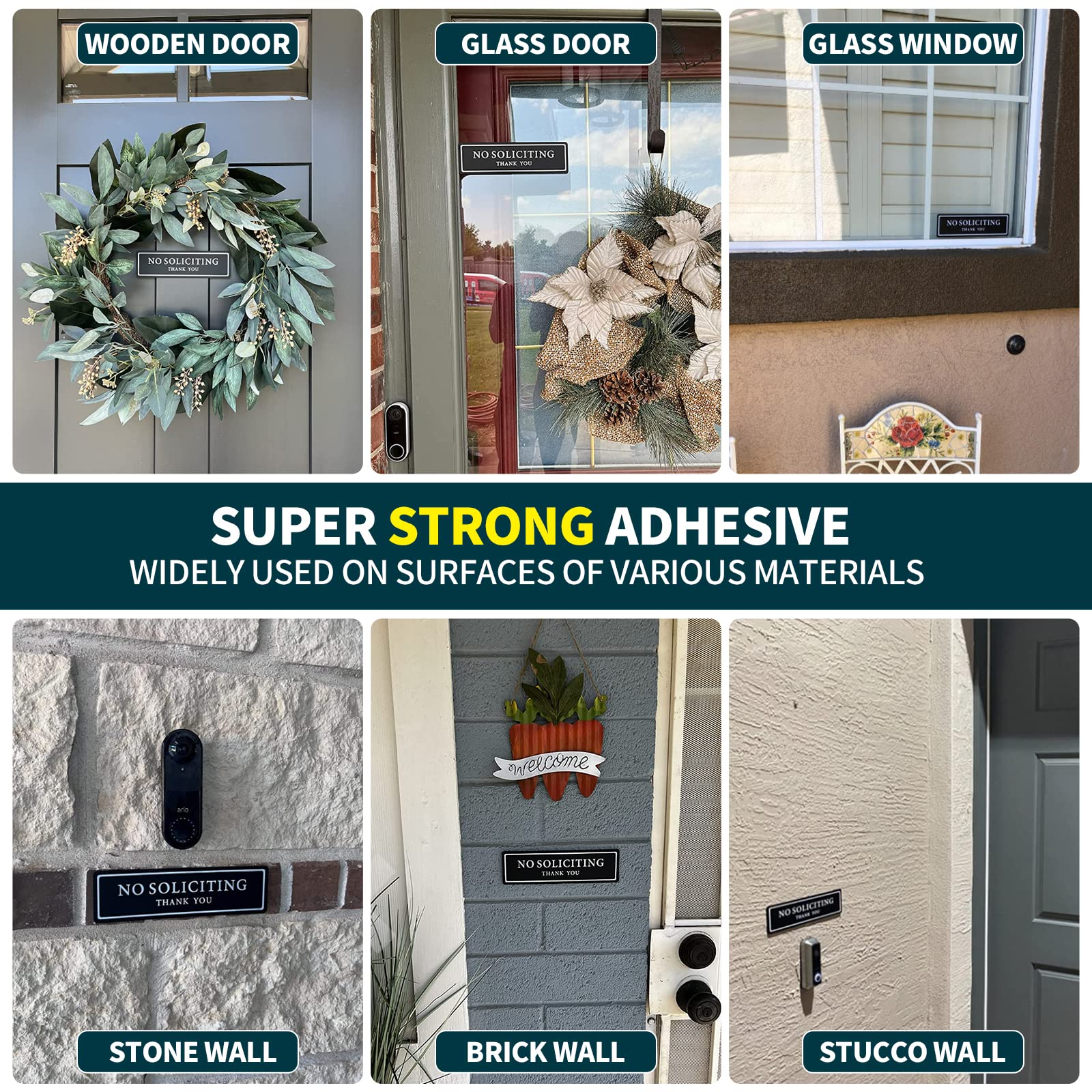 No Soliciting Sign for House — Keep Solicitors Away, with Strong Adhesive Tape for Any Surface, 8.2 × 2.4 Inch, Stylish & Prominent Design, Perfect for Home Office Front Doors, Walls, Windows
