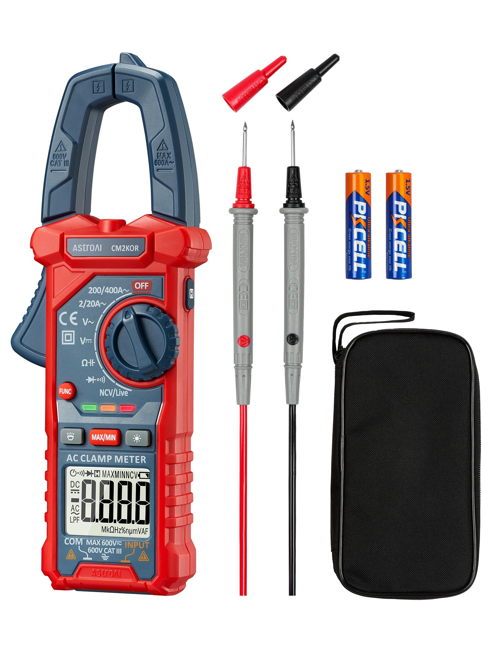 AstroAI Digitales Zangenamperemeter Multimeter 2000 Counts Ampere-Spannungsprüfer mit automatischer Bereichswahl, AC/DC-Spannung, AC-Strom, Widerstand, Kapazität, Durchgang, Phasenprüfung, NCV, Blau