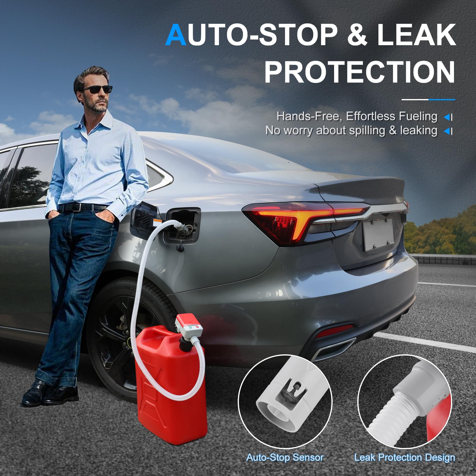 SKYJDM Fuel Transfer Pump with Auto-stop Sensor and 4 Tank Adapter, 2.4GPM 51" Hose Battery-Powered Portable Liquid Pump for Gasoline & Diesel Oil (Red)