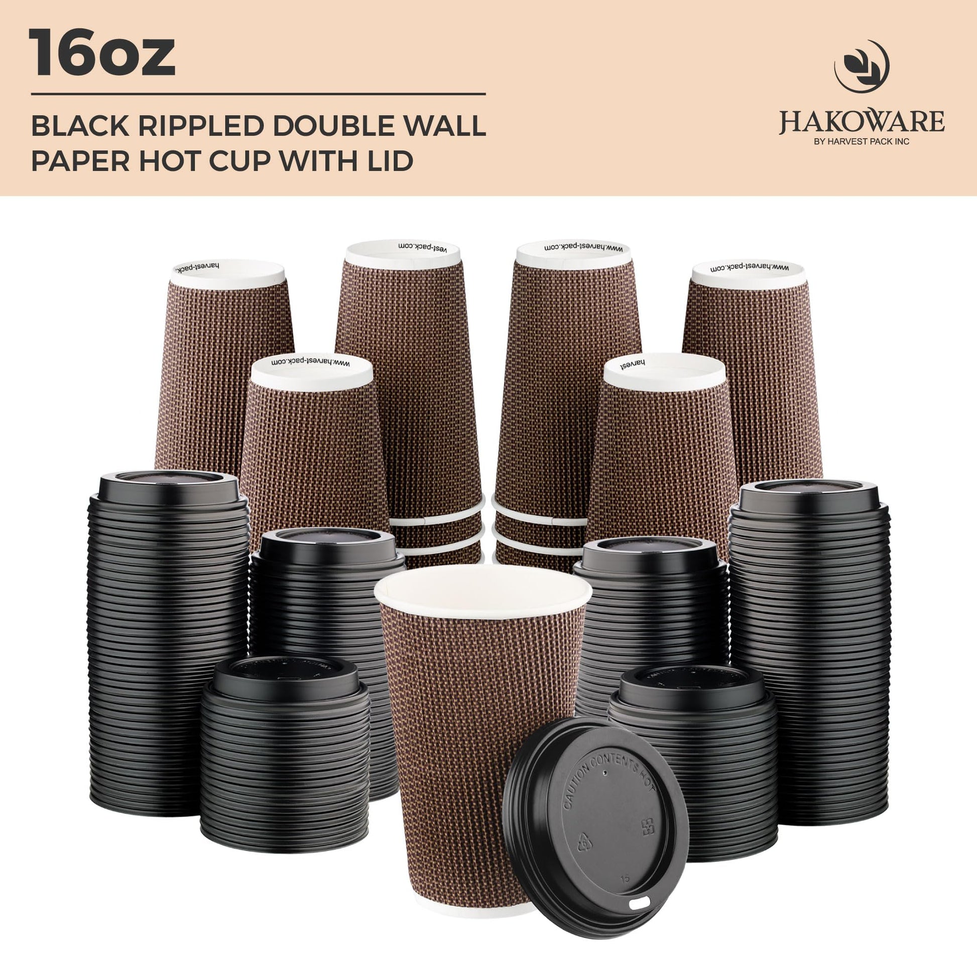 [85 SET]Harvest Pack 16 oz Coffee Cups, Disposable Insulated Ripple Coffee Cups, Double-Walled To go Cups with Lids, Brown Geometric, Drinking Paper Cups for Tea Hot Chocolate Drinks